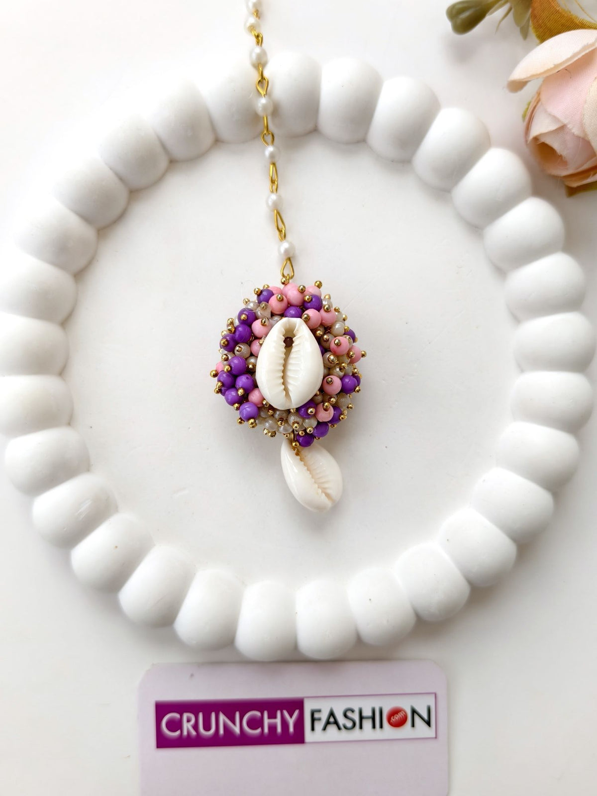 Pearl & sea shell jhumka earrings & tikka set for haldi, handmade