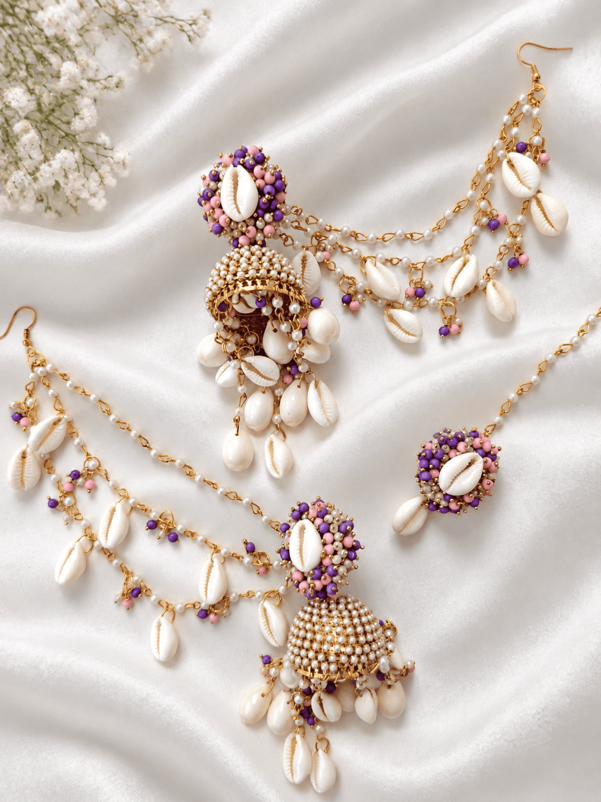 Pearl & sea shell jhumka earrings & tikka set for haldi, handmade