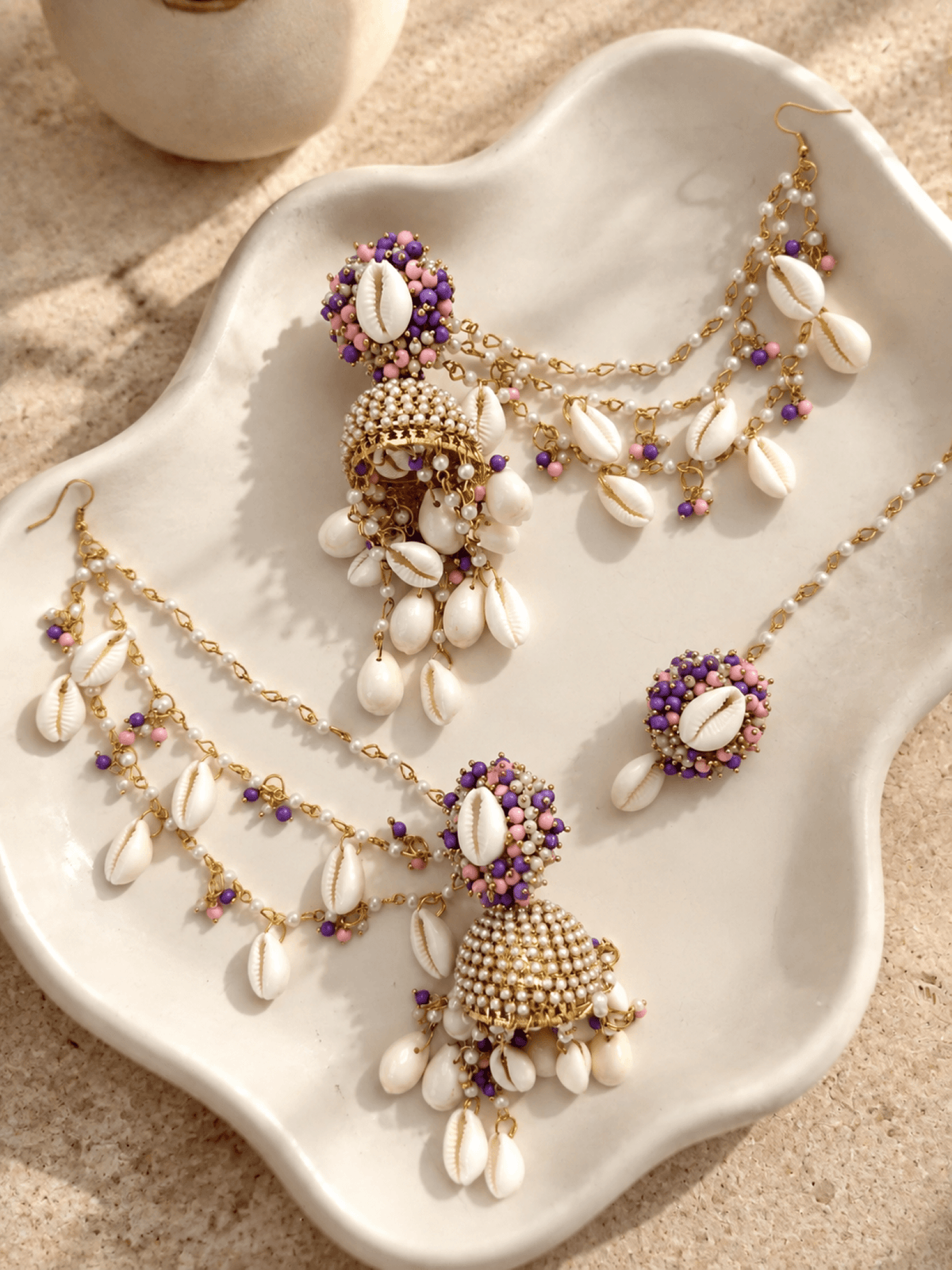 Pearl & sea shell jhumka earrings & tikka set for haldi, handmade