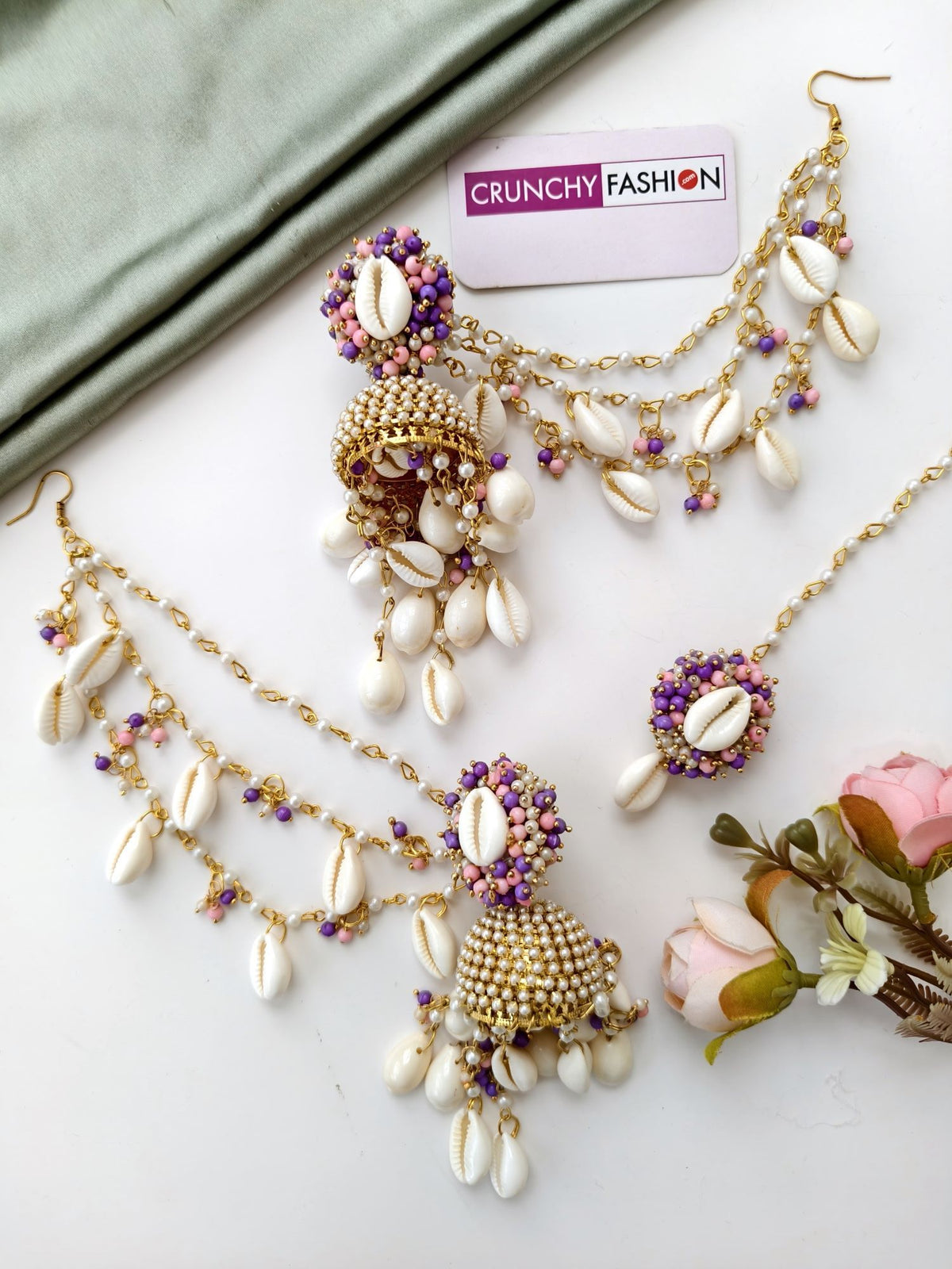 Pearl & sea shell jhumka earrings & tikka set for haldi, handmade
