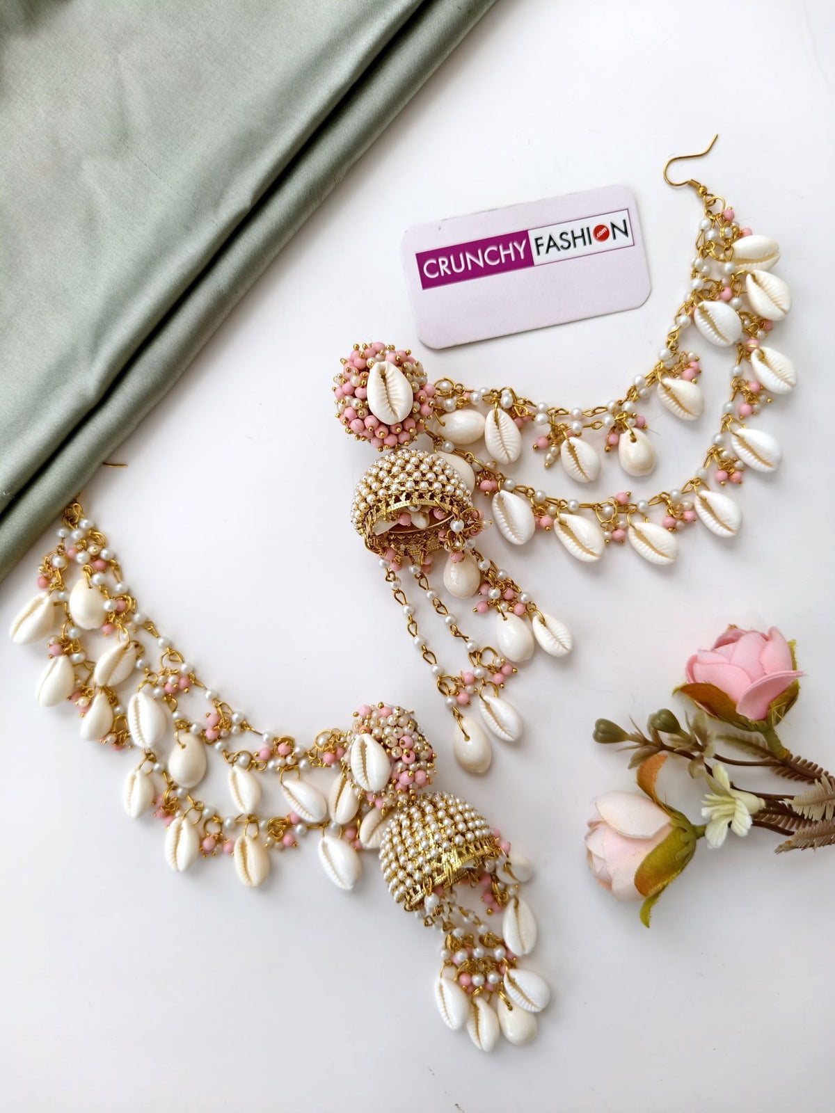 pearl & sea shell jhumka earrings & tikka set for haldi mehndi