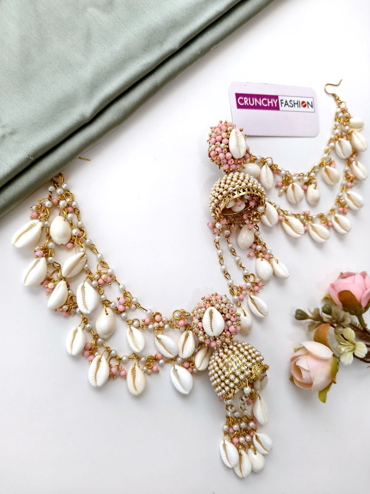 pearl & sea shell jhumka earrings & tikka set for haldi mehndi