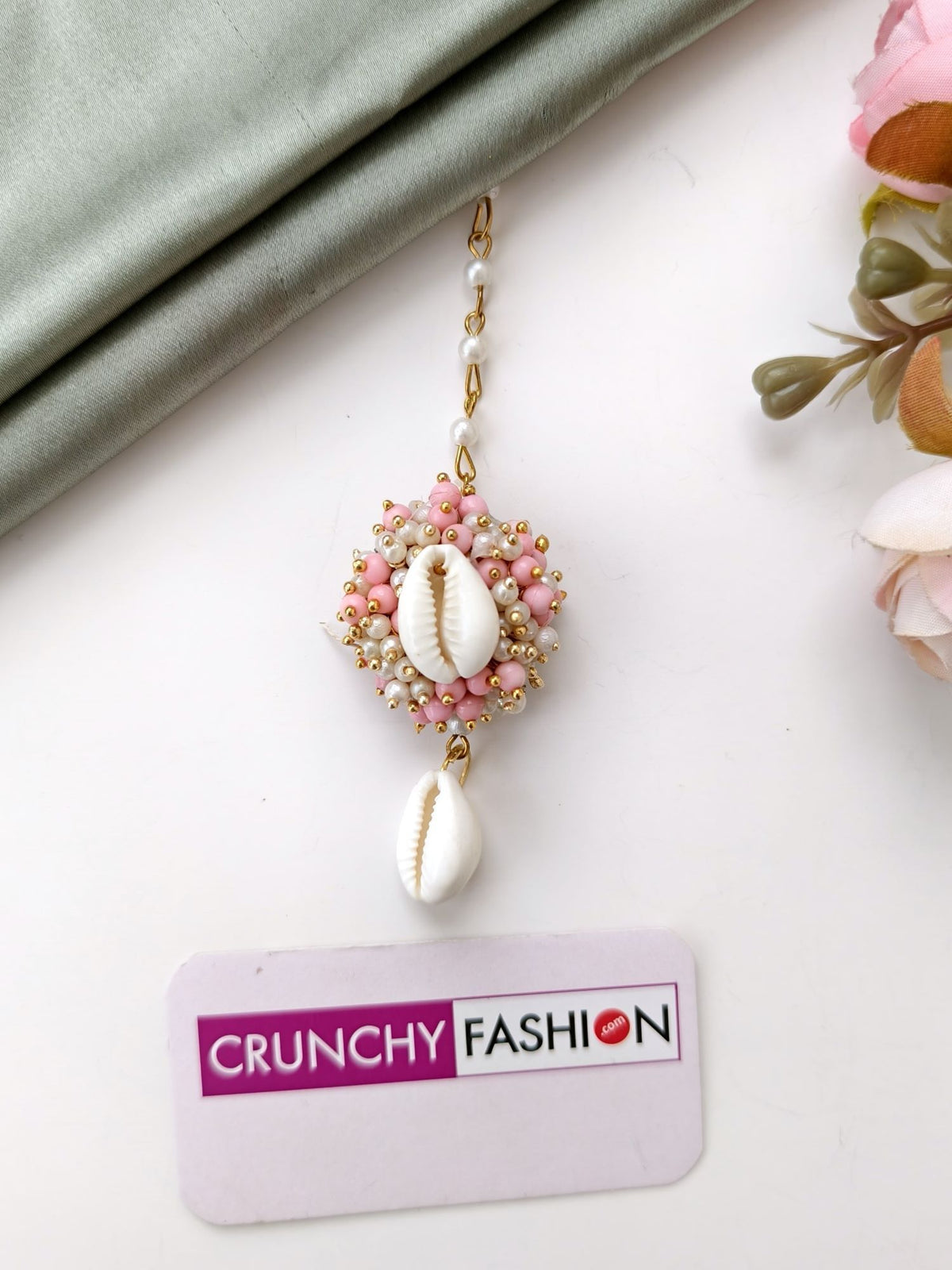 pearl & sea shell jhumka earrings & tikka set for haldi mehndi