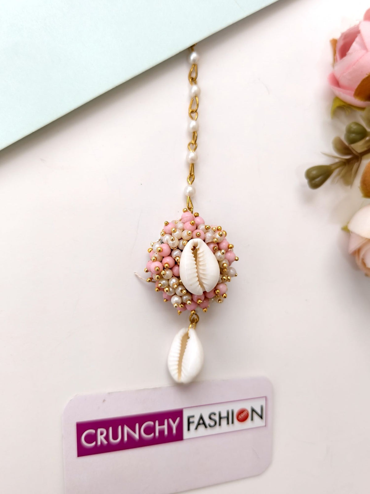 pearl & sea shell jhumka earrings & tikka set for haldi mehndi