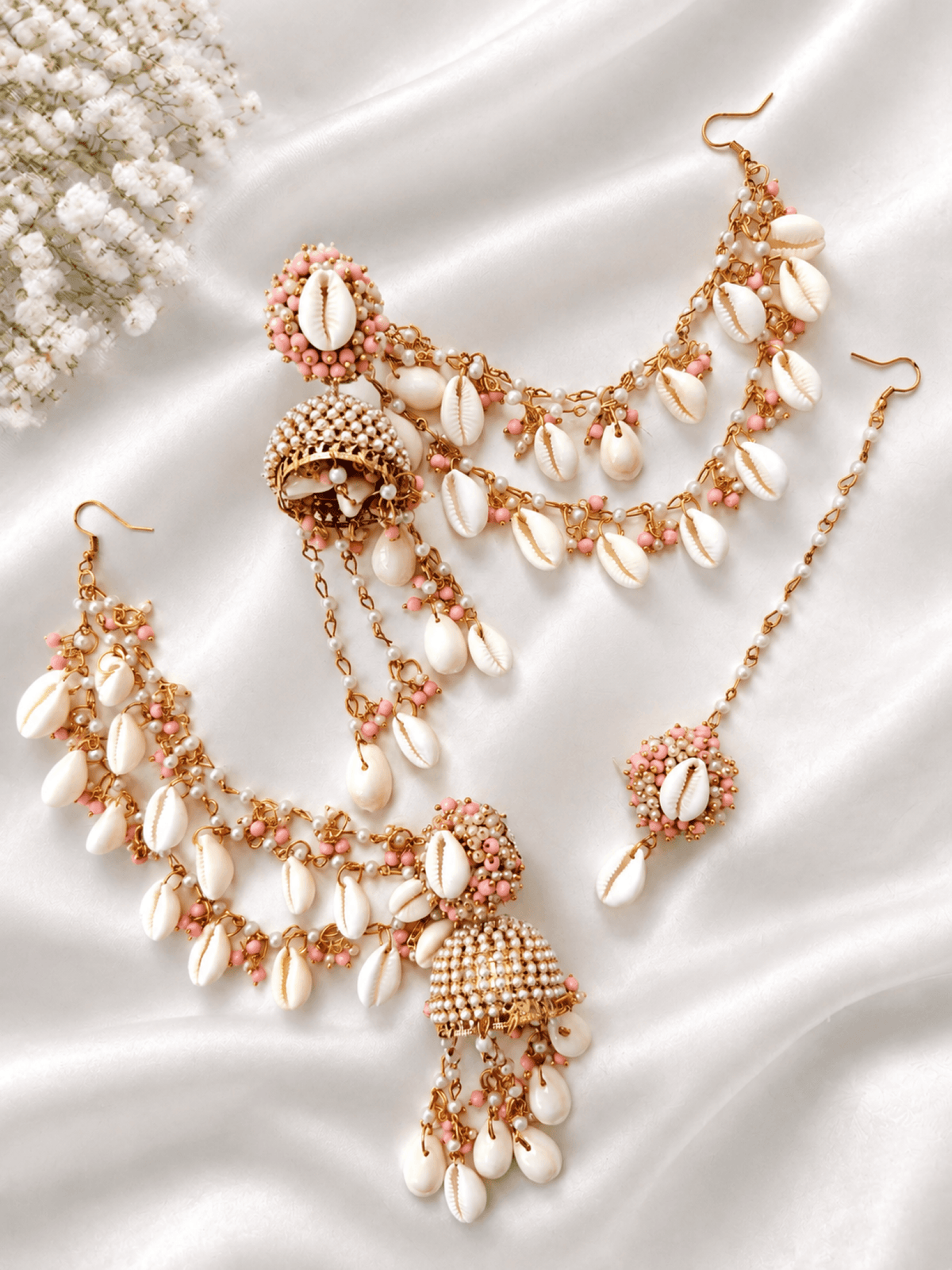pearl & sea shell jhumka earrings & tikka set for haldi mehndi