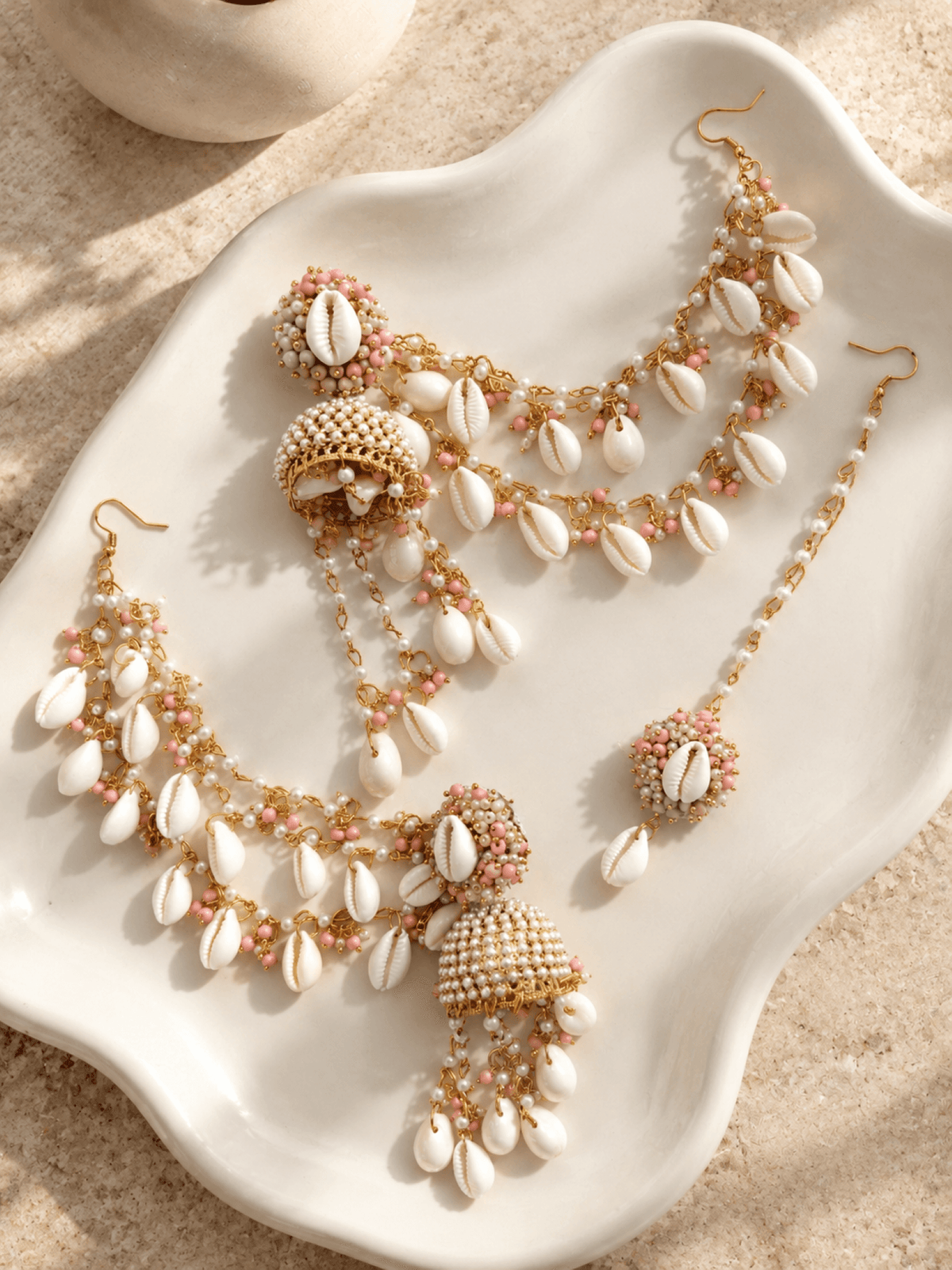 pearl & sea shell jhumka earrings & tikka set for haldi mehndi