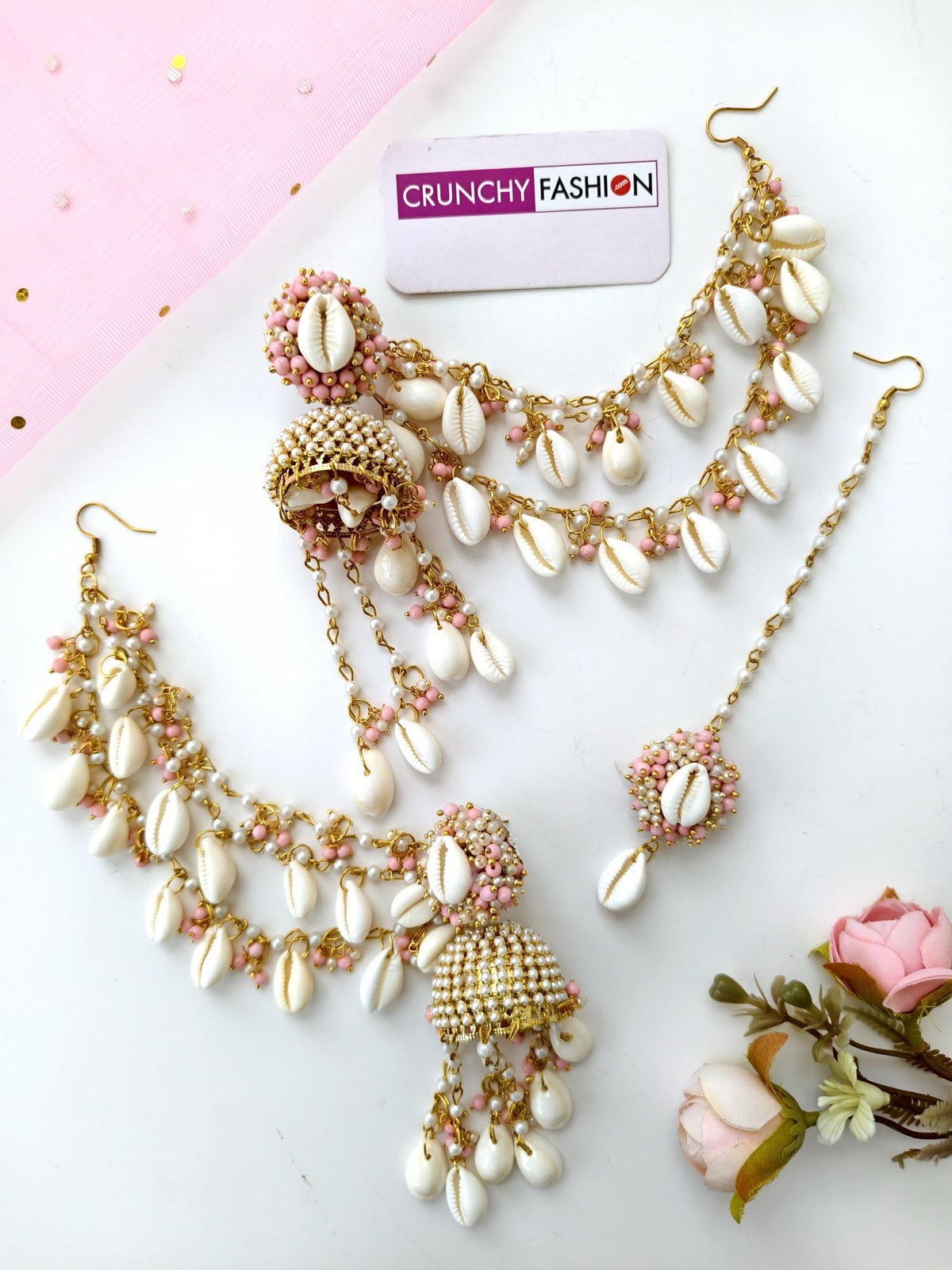 pearl & sea shell jhumka earrings & tikka set for haldi mehndi