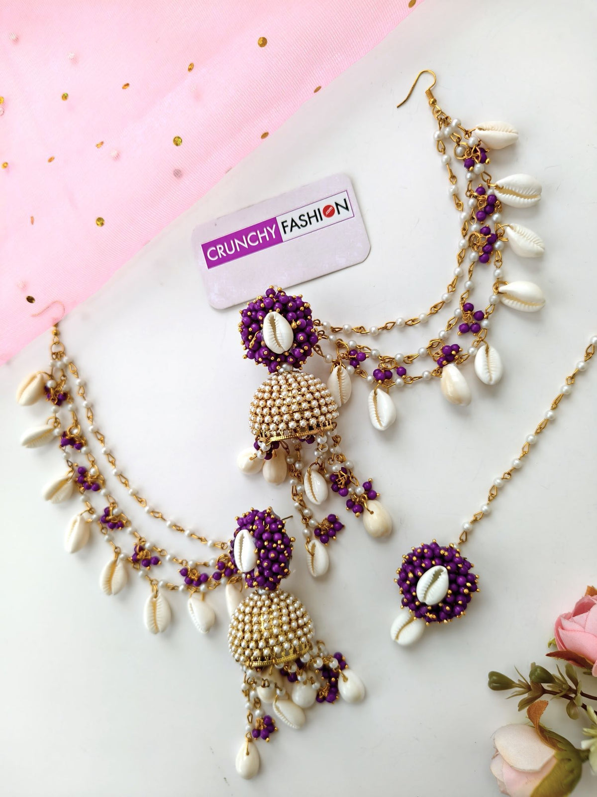 Purple pearl & sea shell jhumka earrings and tikka set for haldi