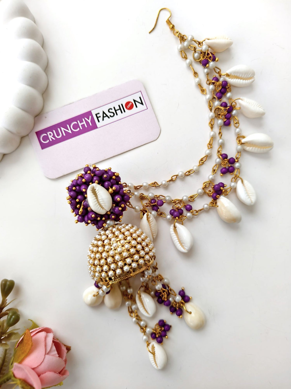 Purple pearl & sea shell jhumka earrings and tikka set for haldi