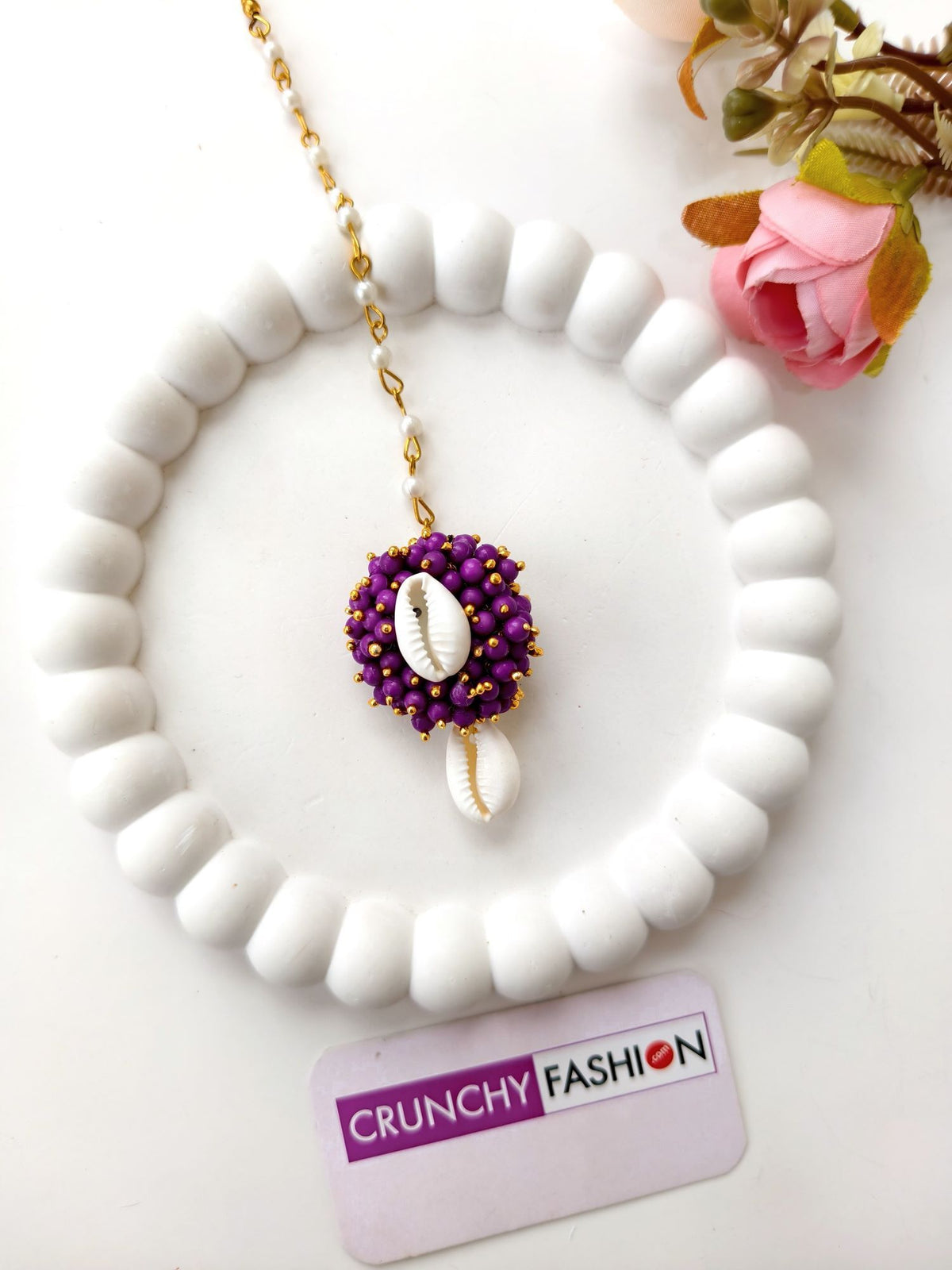 Purple pearl & sea shell jhumka earrings and tikka set for haldi