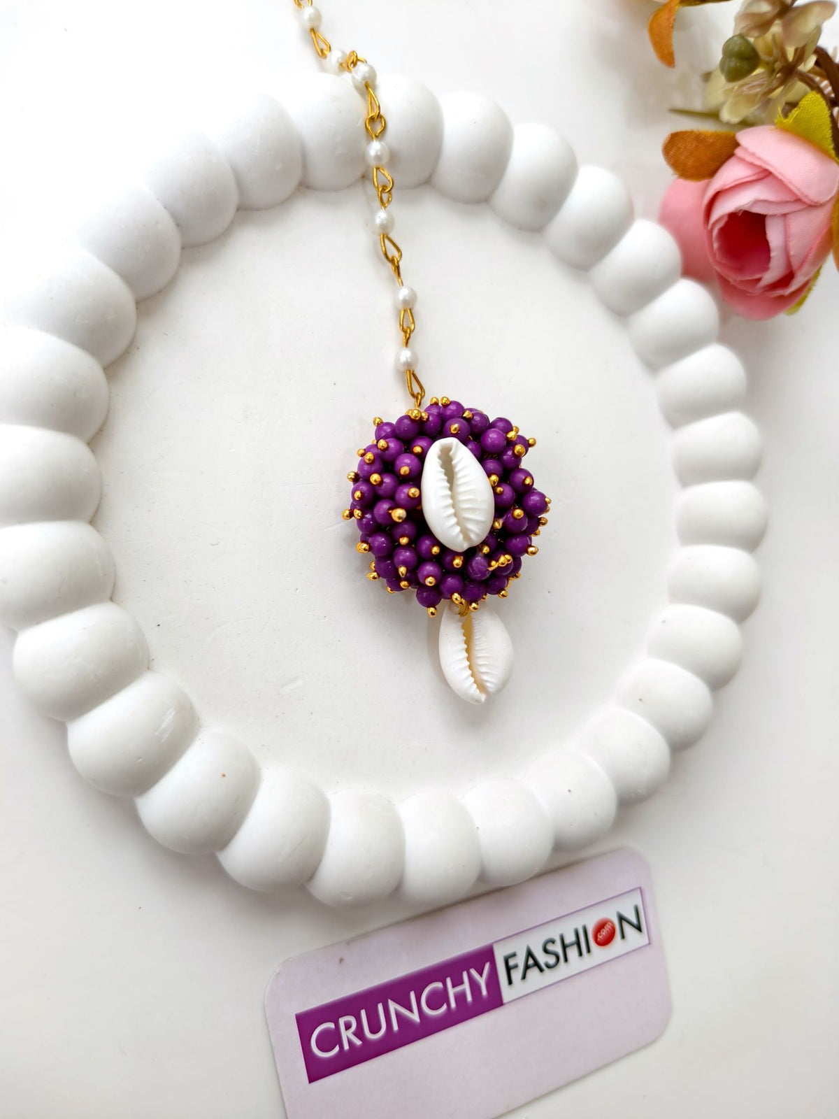 Purple pearl & sea shell jhumka earrings and tikka set for haldi