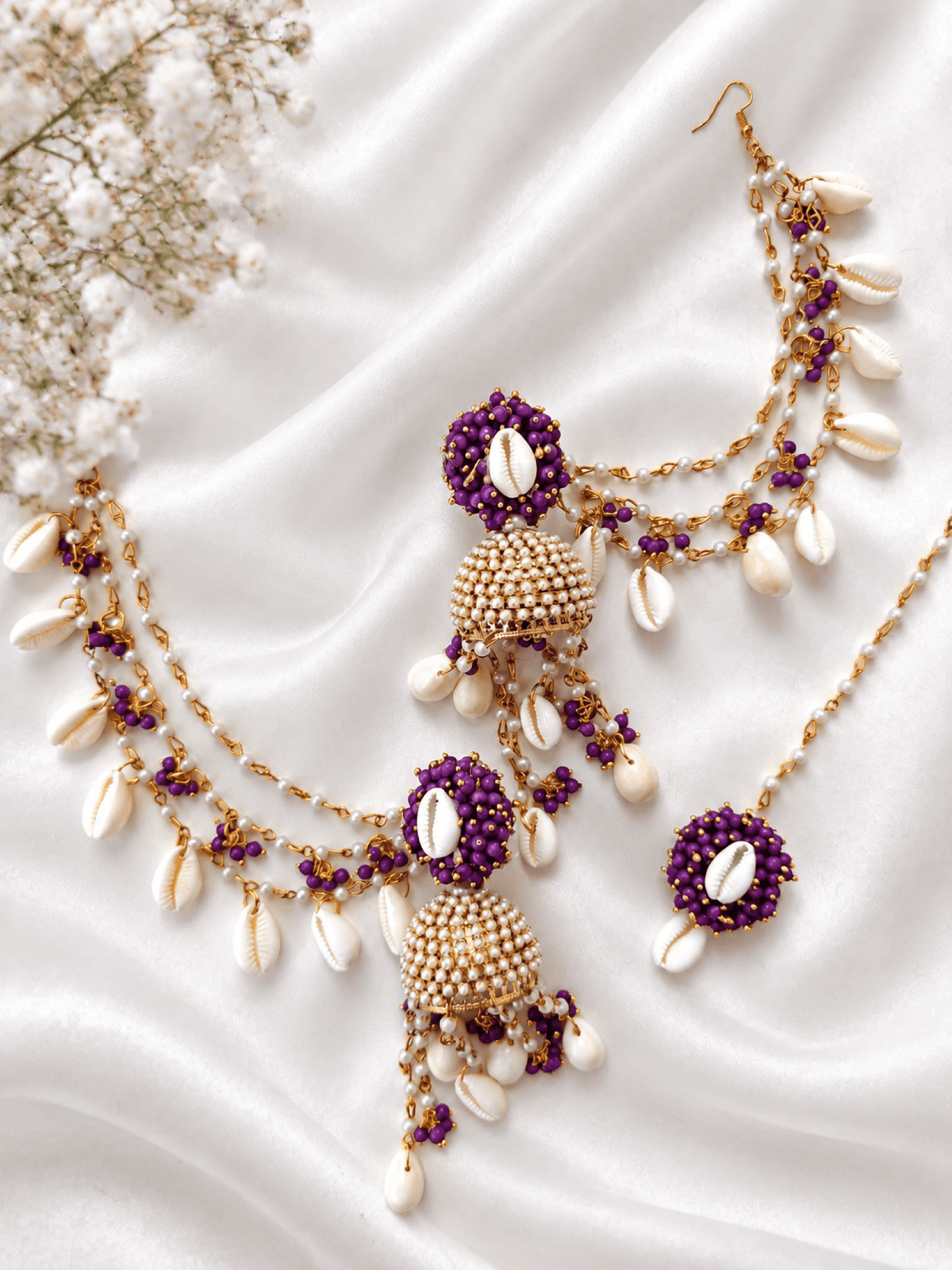 Purple pearl & sea shell jhumka earrings and tikka set for haldi