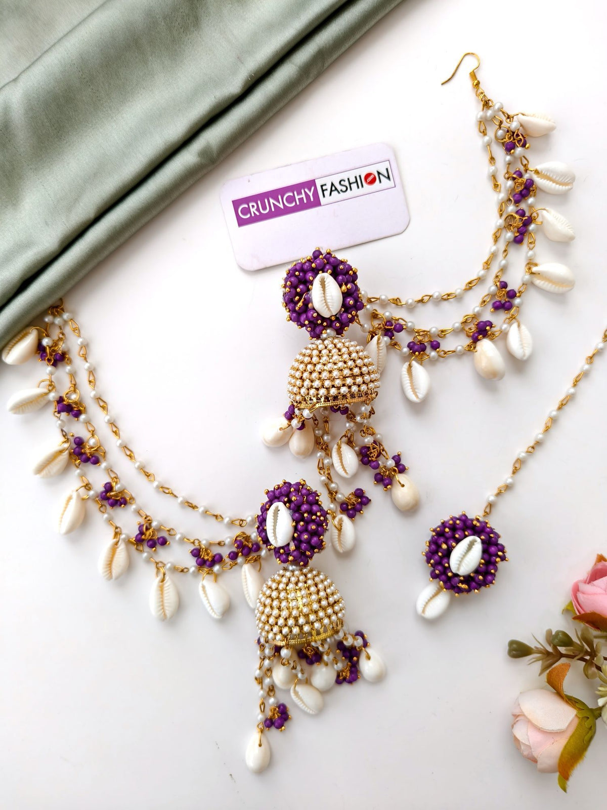 Purple pearl & sea shell jhumka earrings and tikka set for haldi