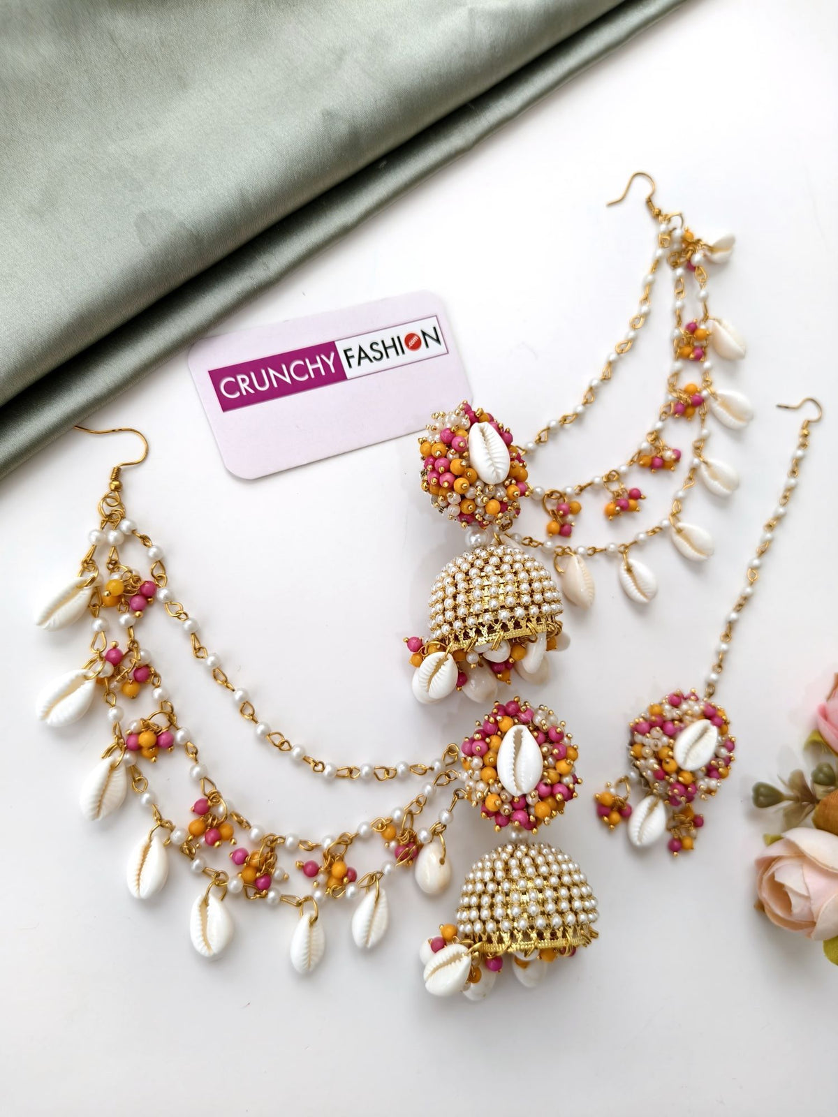 pearl & sea shell jhumka earrings & tikka set for haldi mehndi