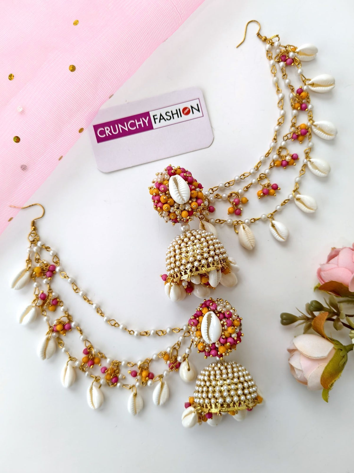 pearl & sea shell jhumka earrings & tikka set for haldi mehndi