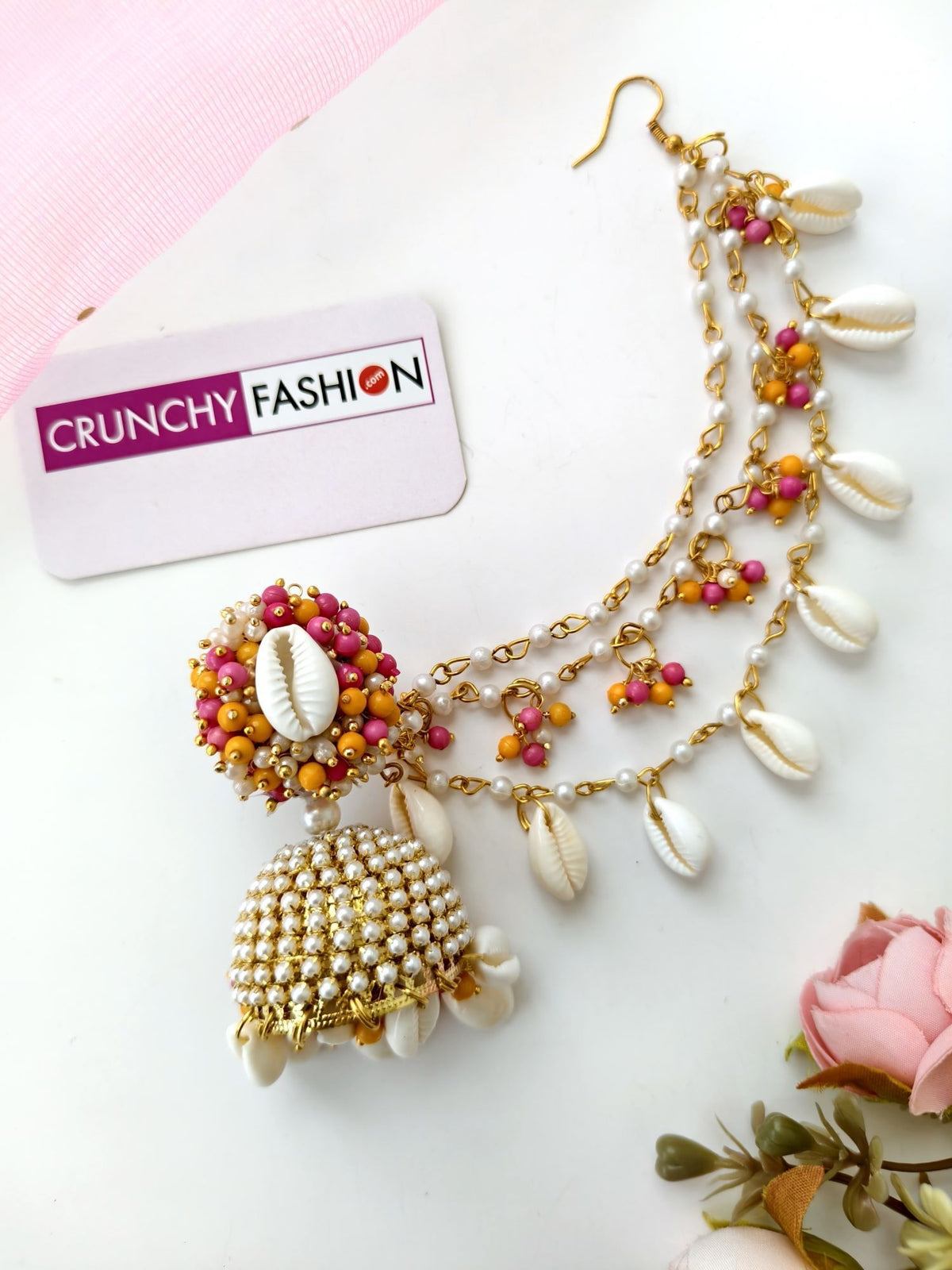 pearl & sea shell jhumka earrings & tikka set for haldi mehndi
