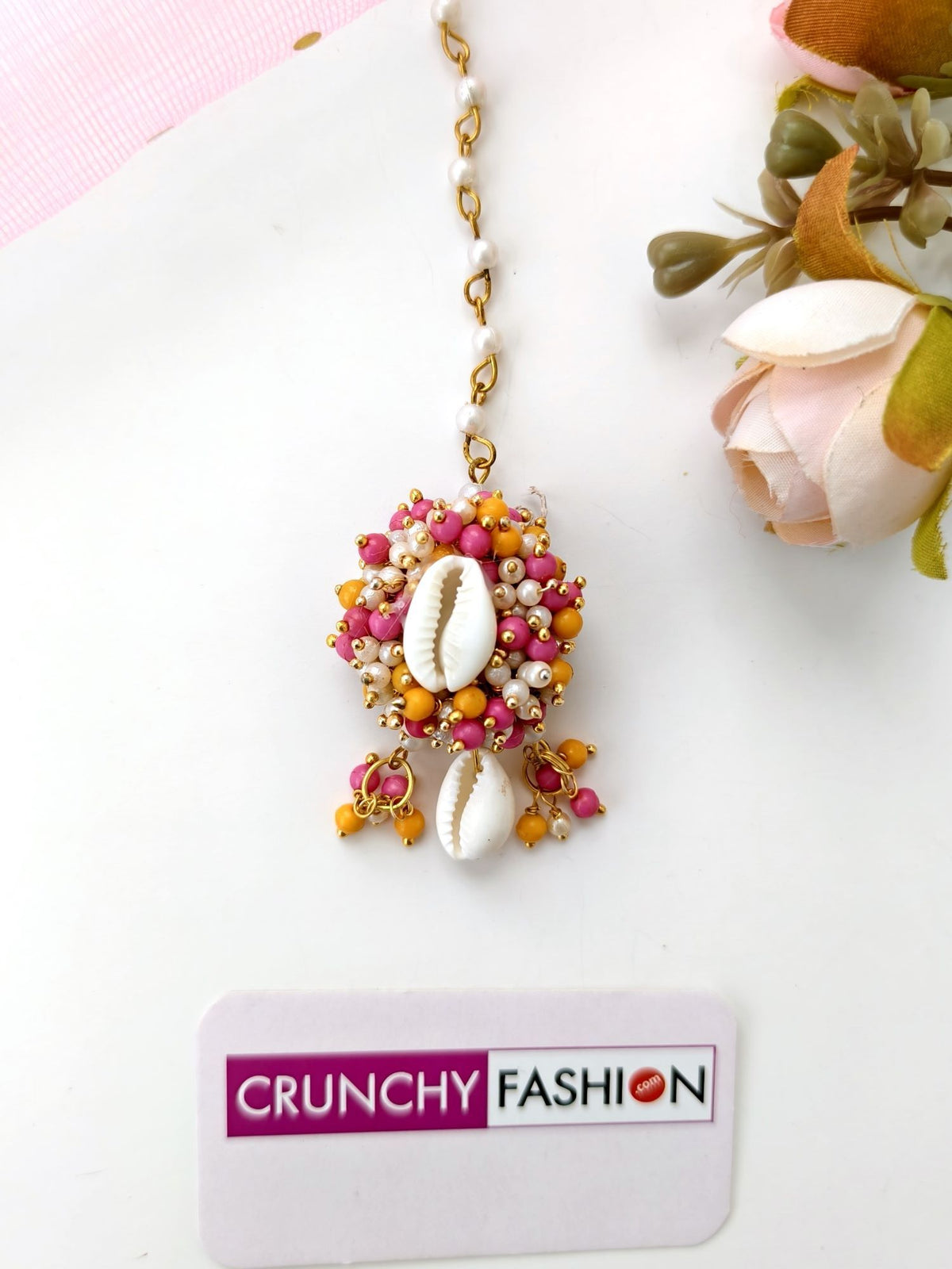 pearl & sea shell jhumka earrings & tikka set for haldi mehndi
