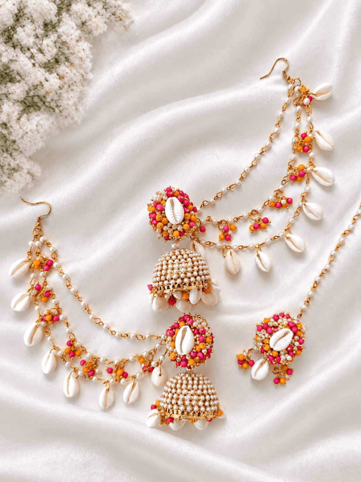 pearl & sea shell jhumka earrings & tikka set for haldi mehndi