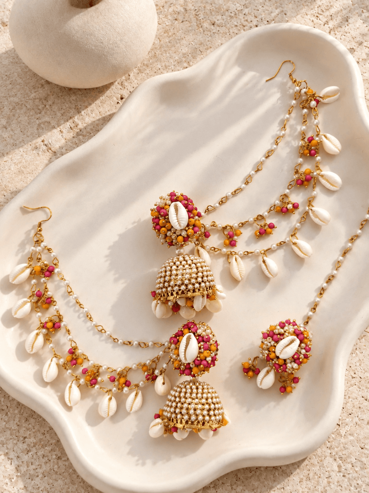 pearl & sea shell jhumka earrings & tikka set for haldi mehndi
