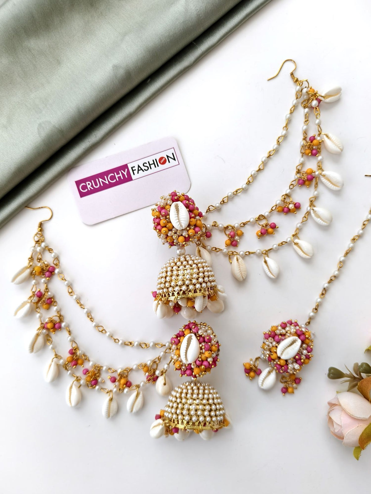 pearl & sea shell jhumka earrings & tikka set for haldi mehndi