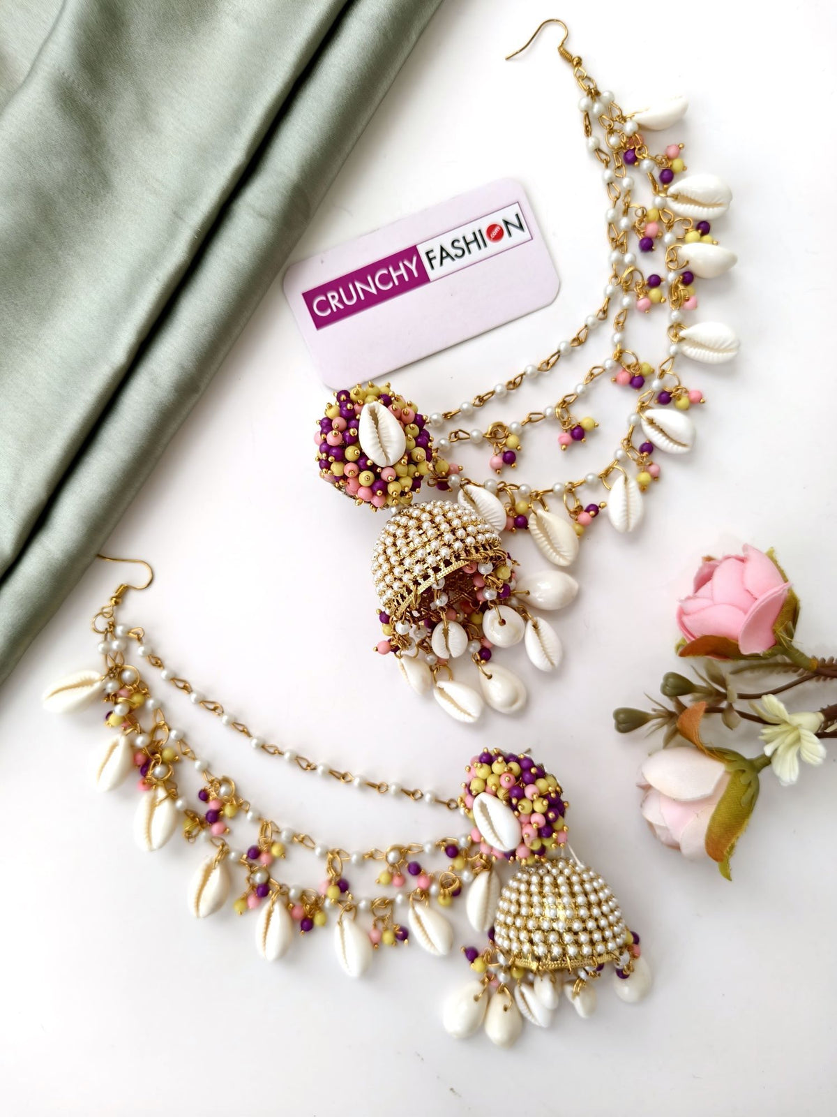 pearl & sea shell jhumka earrings & tikka set purple yellow pink