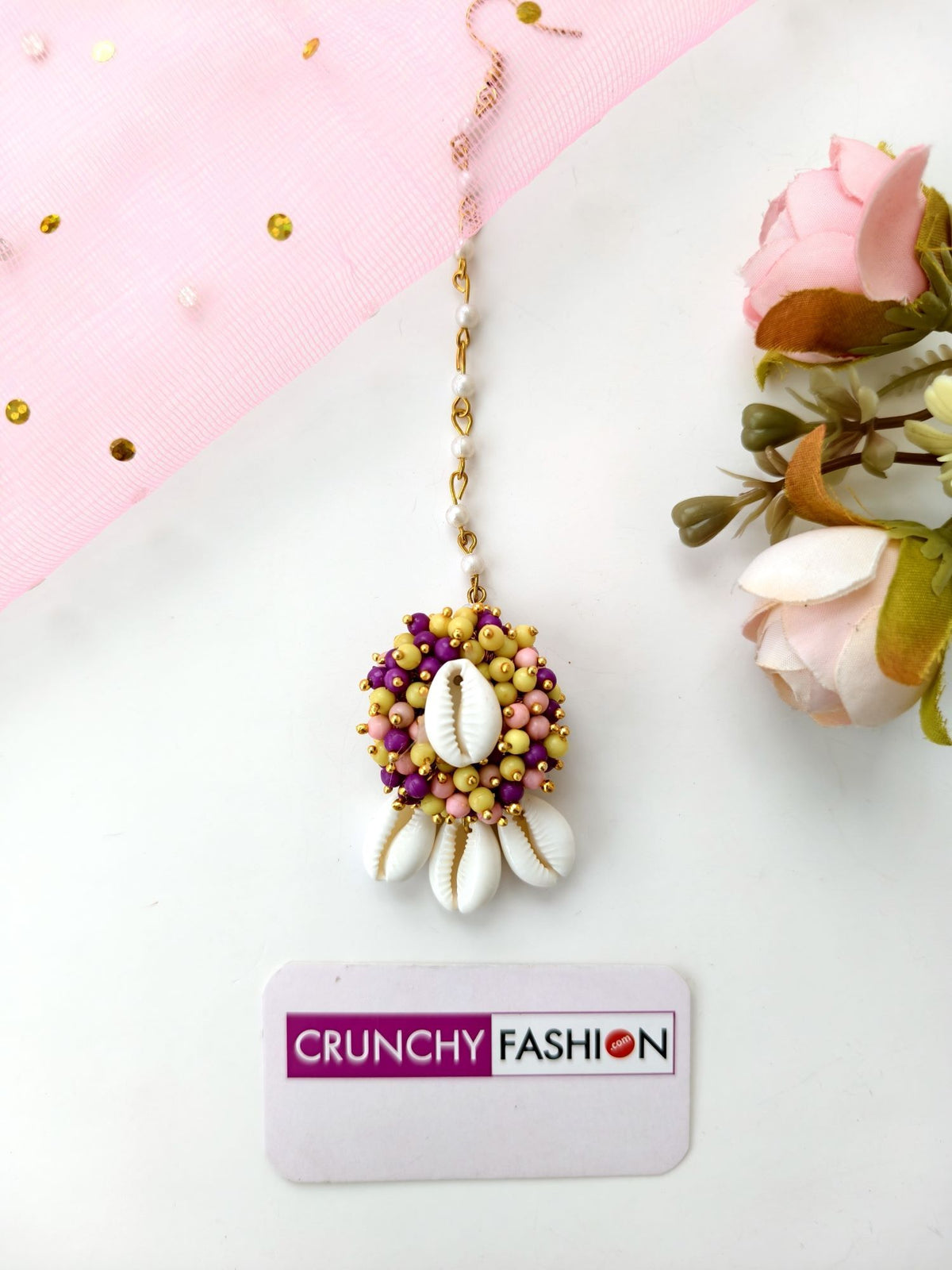 pearl & sea shell jhumka earrings & tikka set purple yellow pink