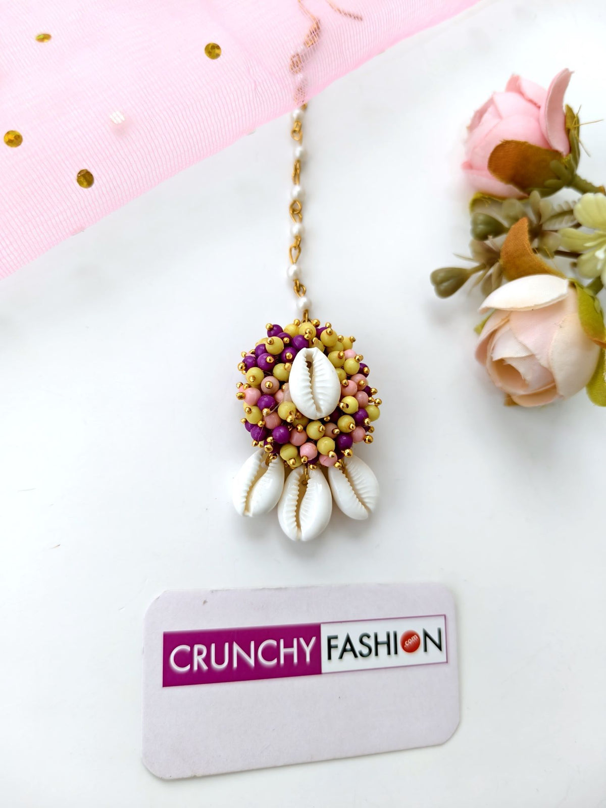 pearl & sea shell jhumka earrings & tikka set purple yellow pink