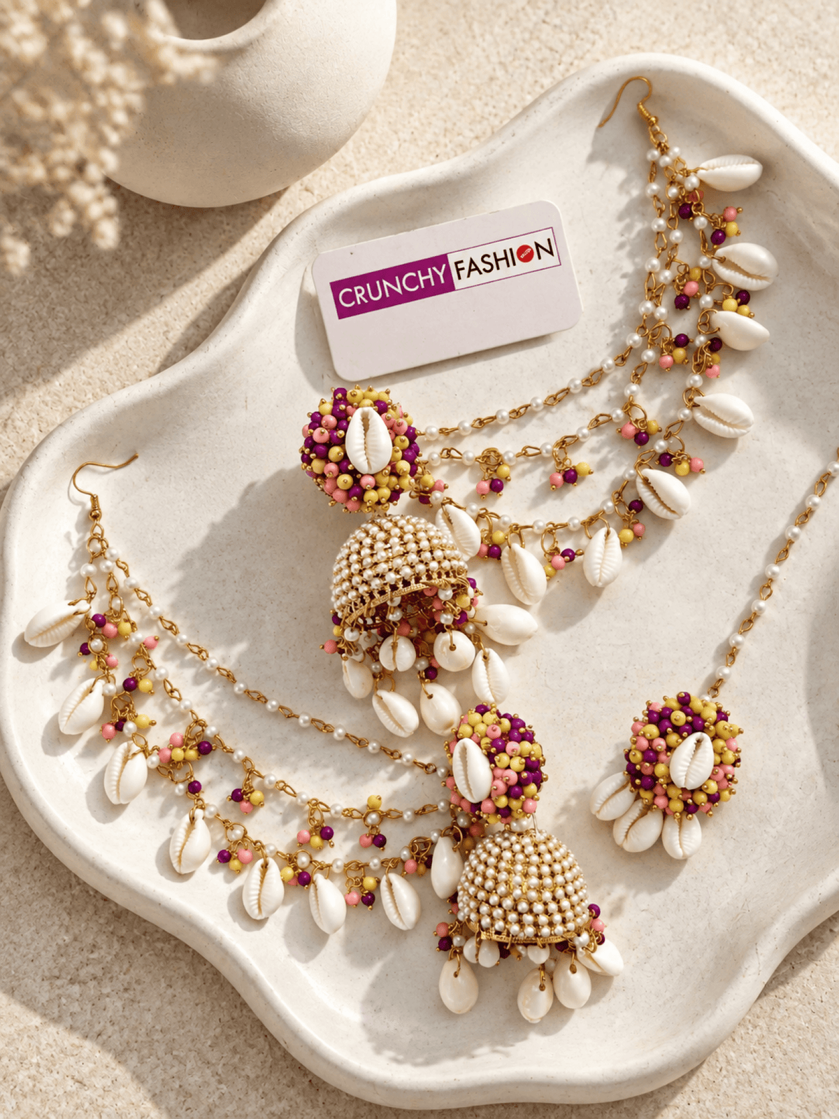 pearl & sea shell jhumka earrings & tikka set purple yellow pink