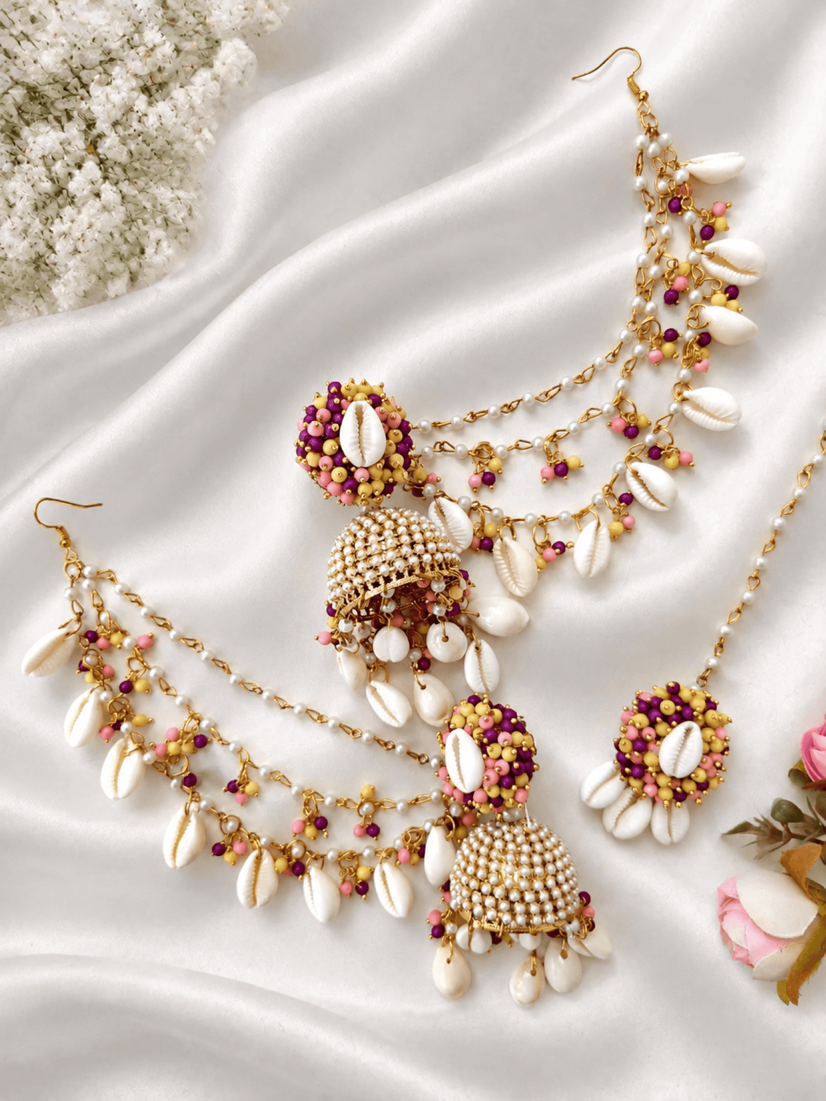 pearl & sea shell jhumka earrings & tikka set purple yellow pink