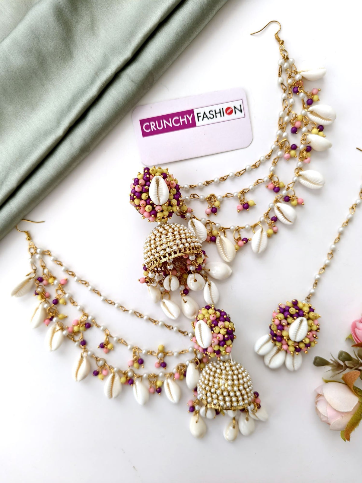 pearl & sea shell jhumka earrings & tikka set purple yellow pink