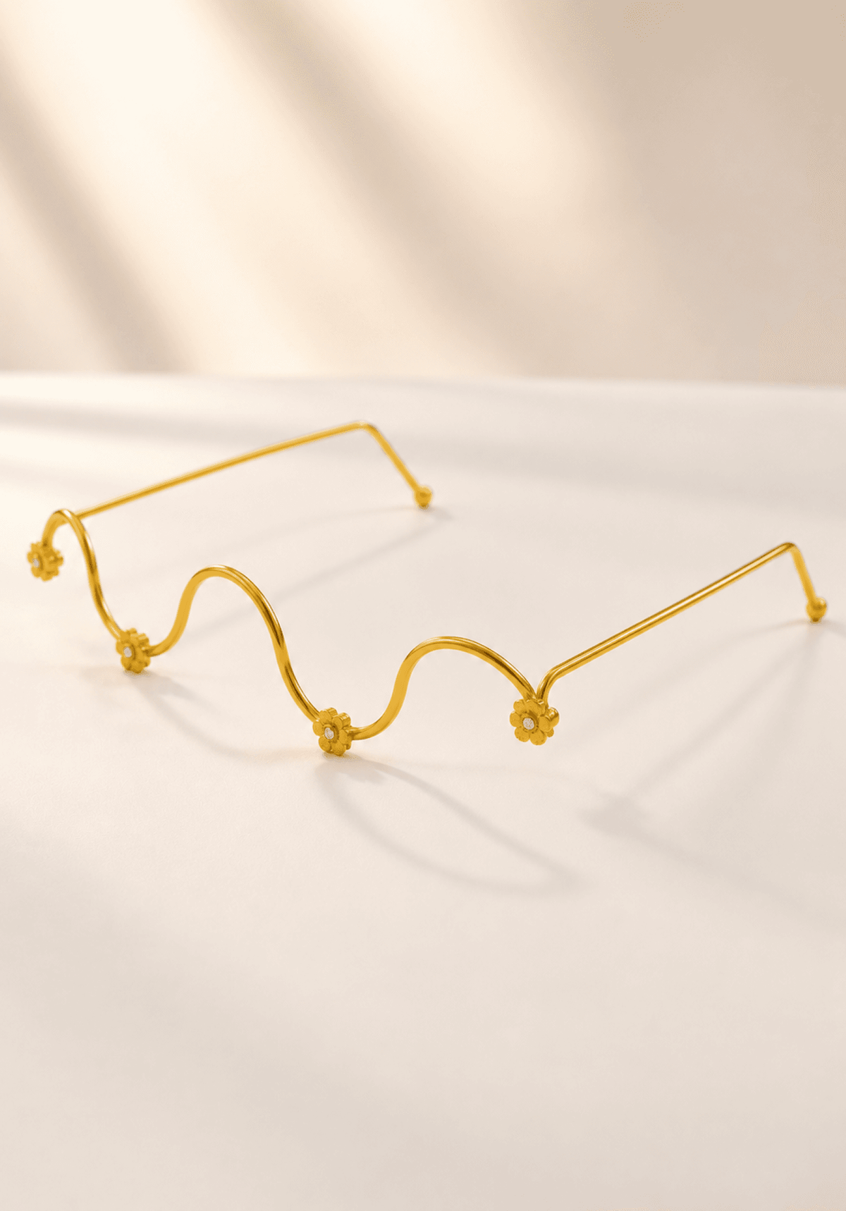 golden wavy round bridal haldi function glasses, lightweight eyewear
