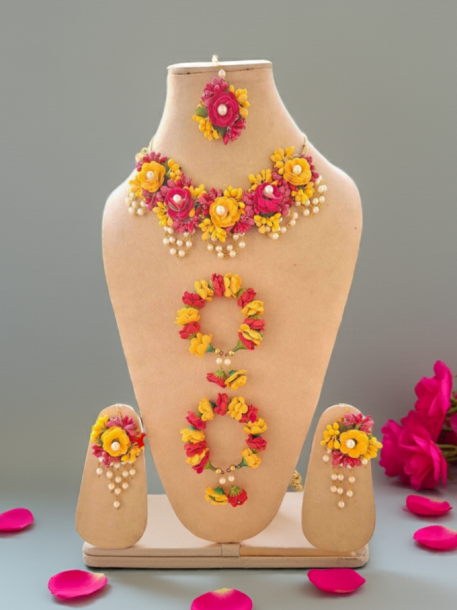 Pink-Yellow Floral Jewellery Set for Haldi Mehndi Baby SHower