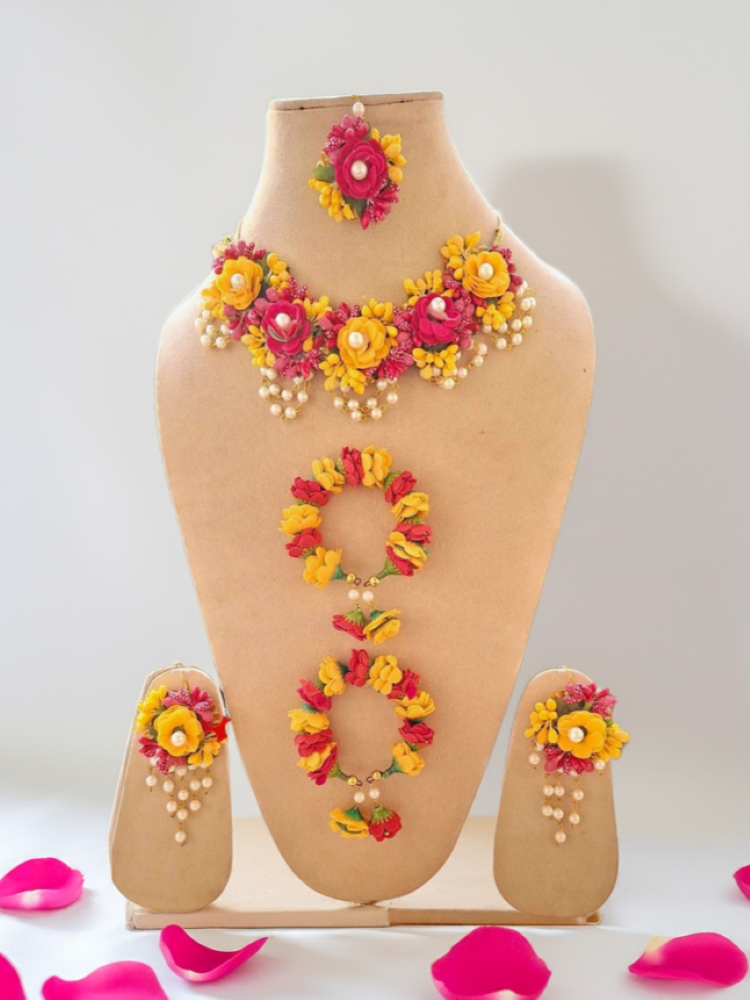 Pink-Yellow Floral Jewellery Set for Haldi Mehndi Baby SHower
