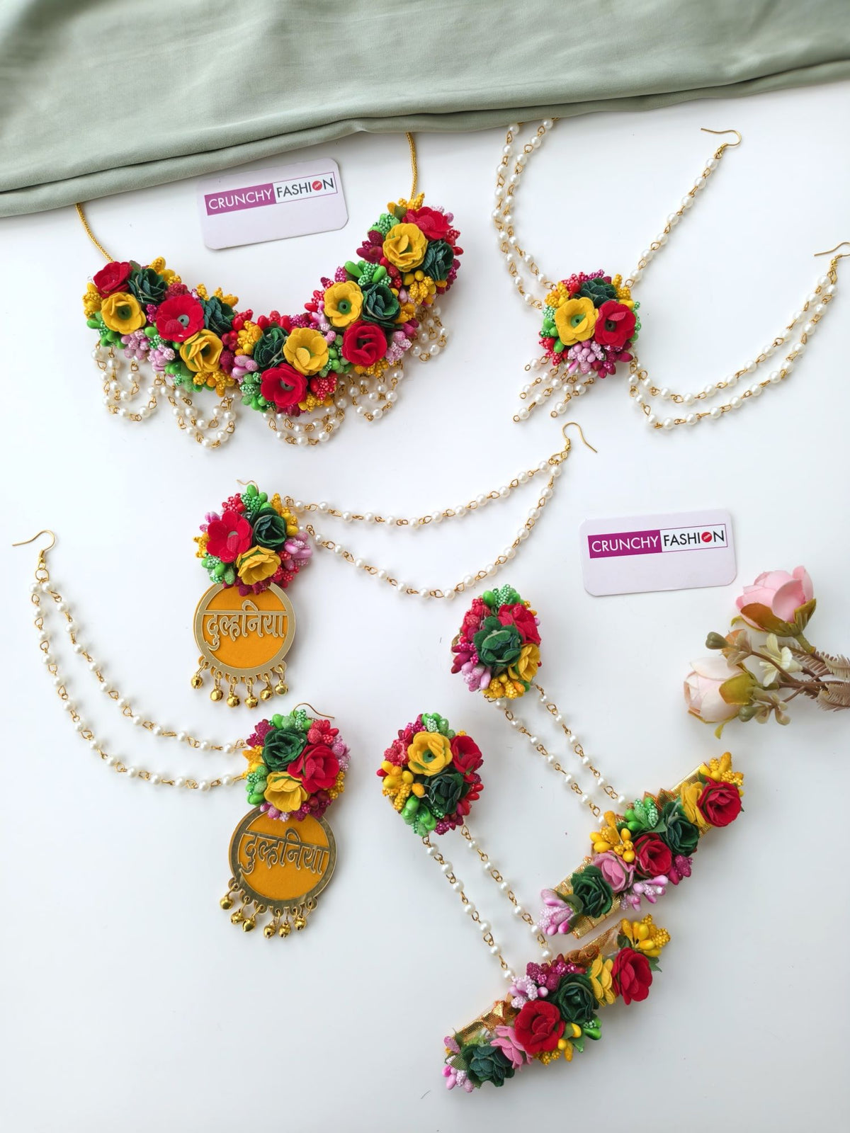 Dulhaniya's Pink-Yellow Floral Haldi-Mehndi Jewelry Set for haldi Mehndi