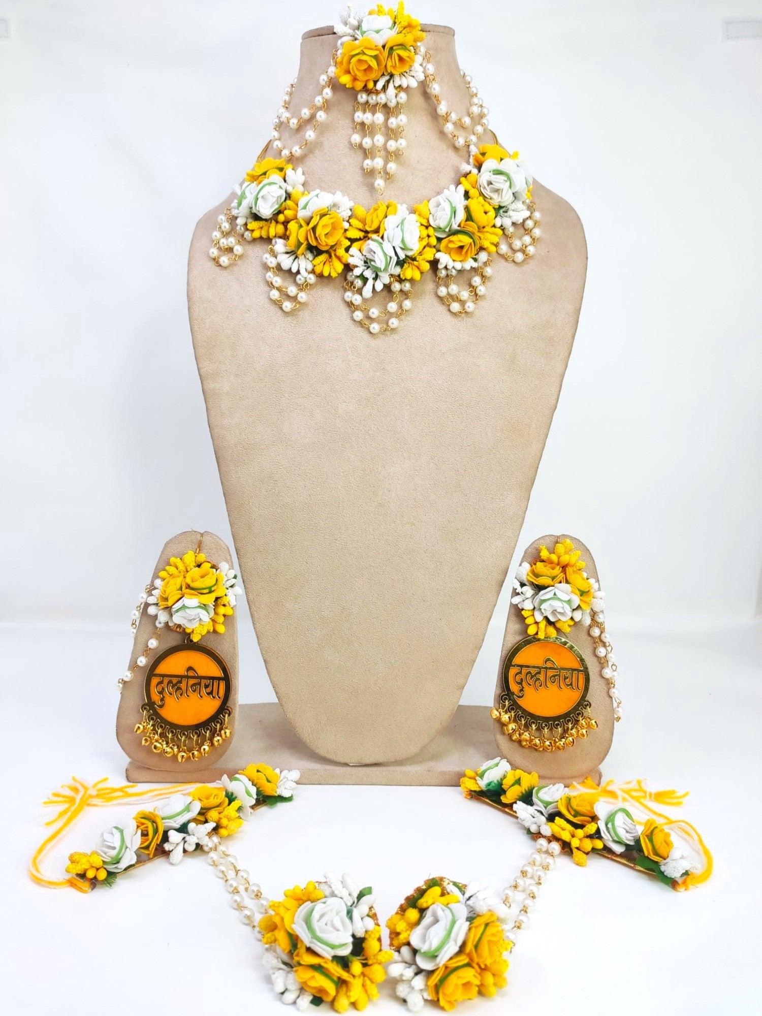 Dulhaniya's Pink-Yellow Floral Haldi-Mehndi Jewelry Set for haldi Mehndi