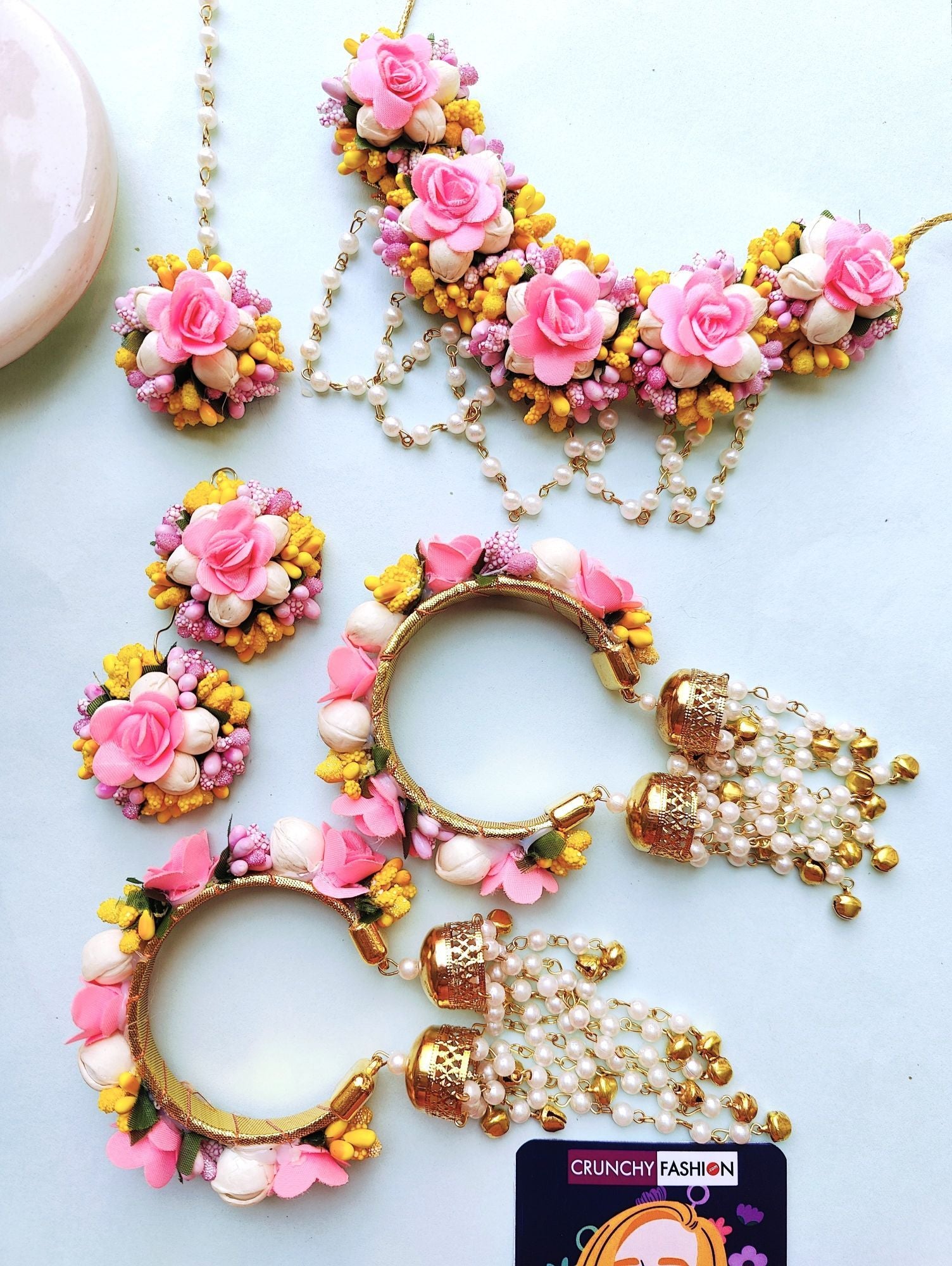 Handmade pastel pink-yellow artificial floral jewellery set ideal for haldi, mehndi and baby showers