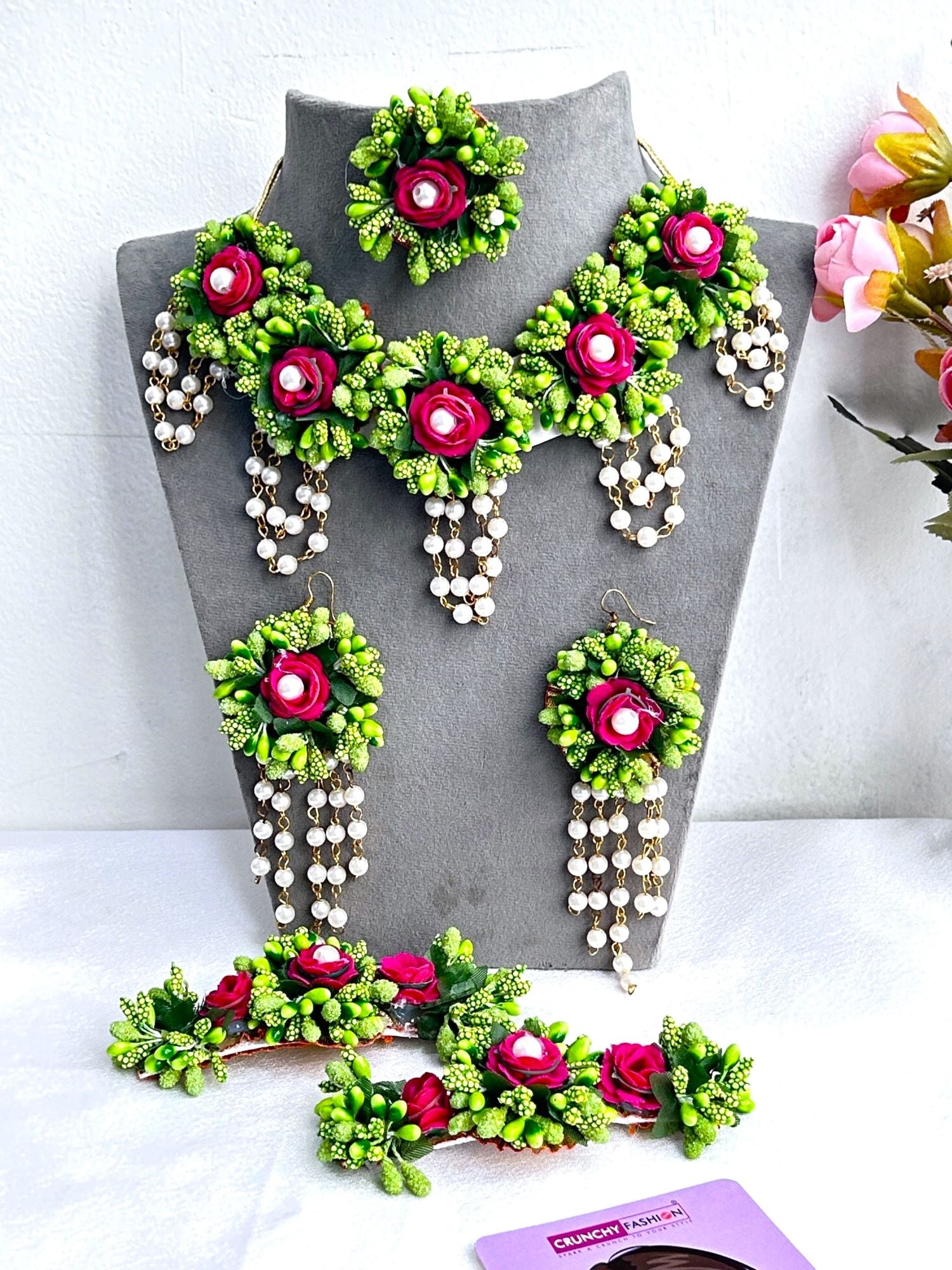 Yellow & White Floral Haldi-Mehndi Jewellery Set for Women with Multilayer Earrings