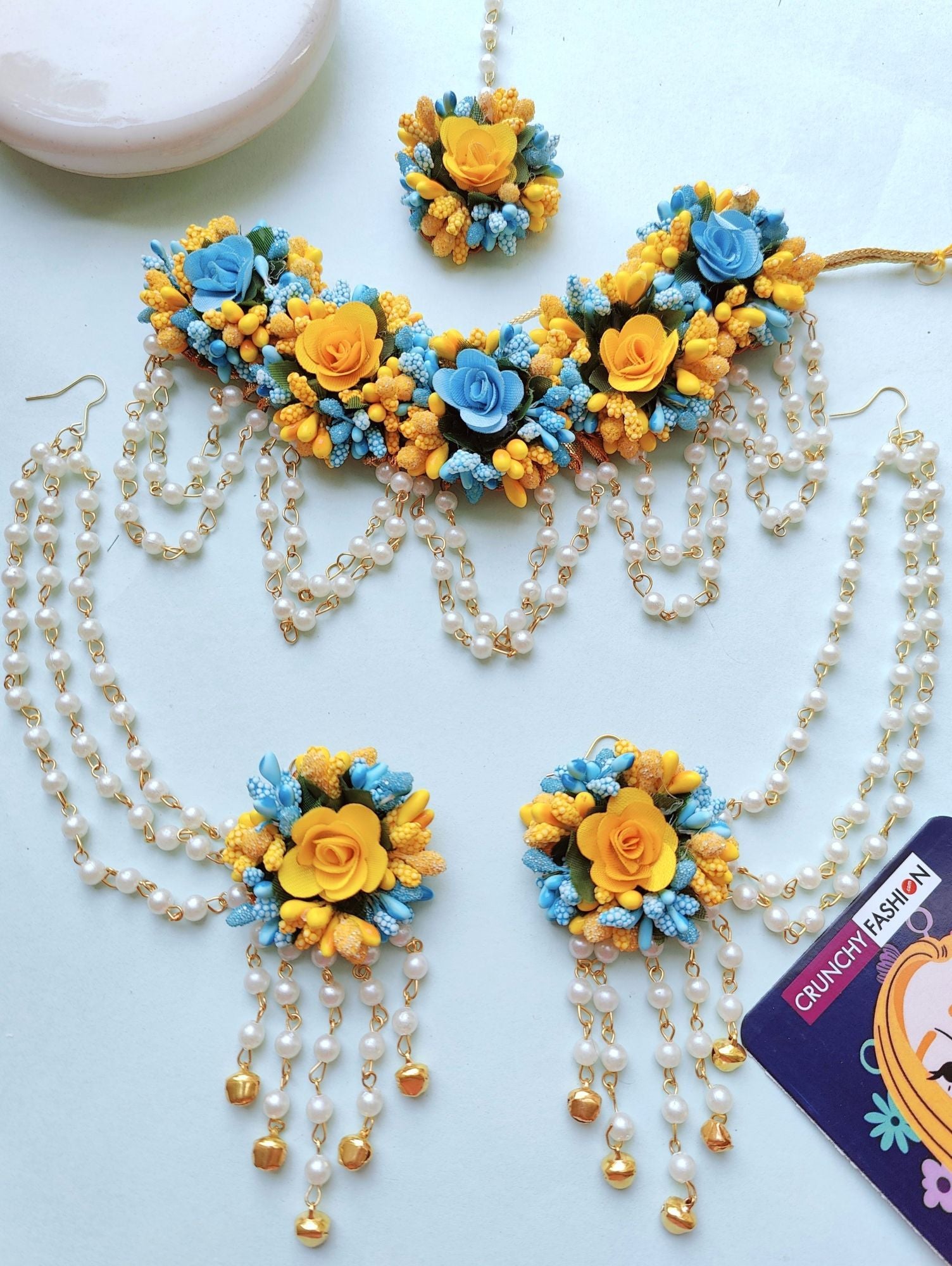 Handmade Yellow-Sky Blue floral jewellery set ideal for haldi and baby showers