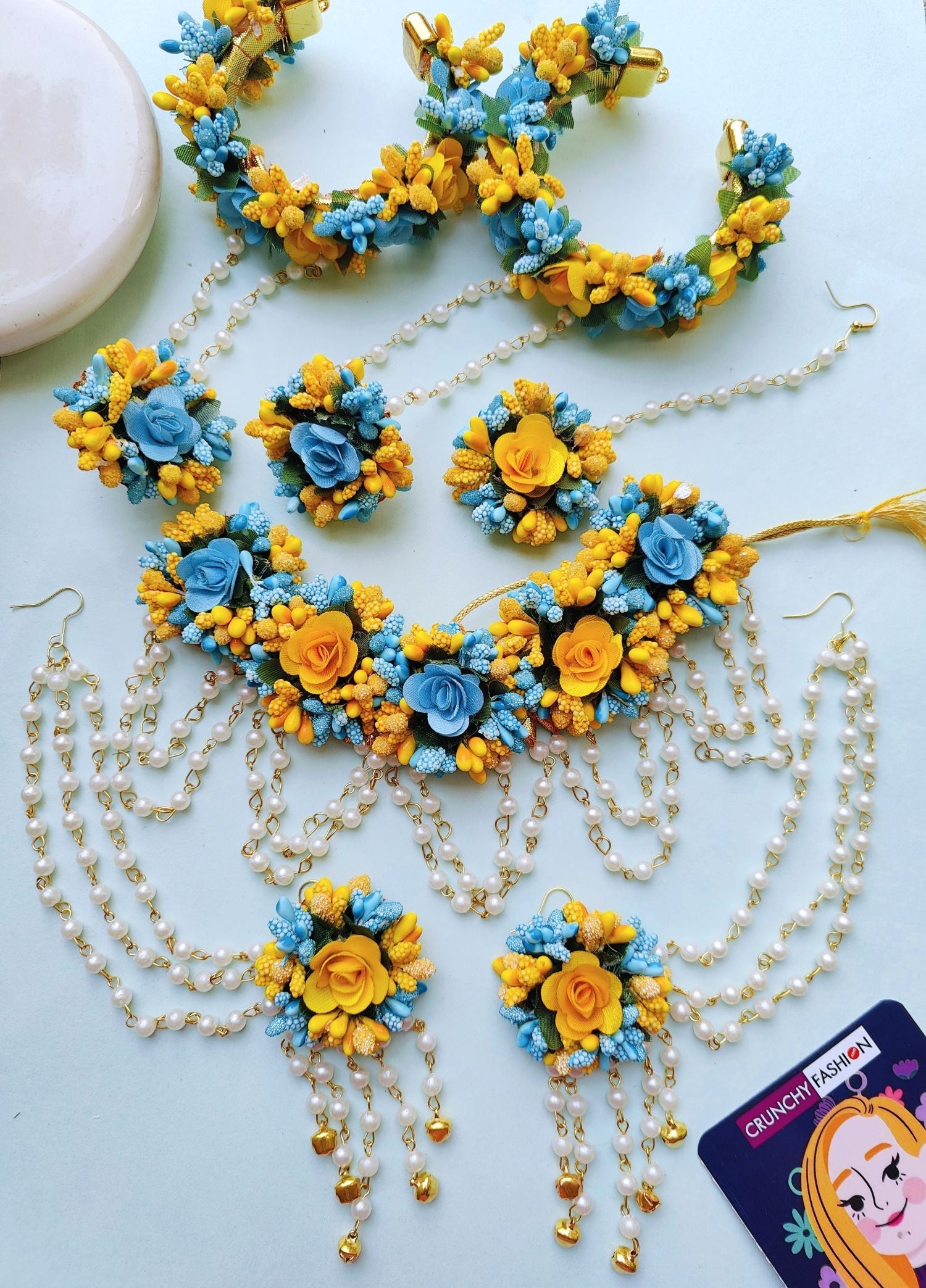 Handmade Yellow-Sky Blue floral jewellery set ideal for haldi and baby showers