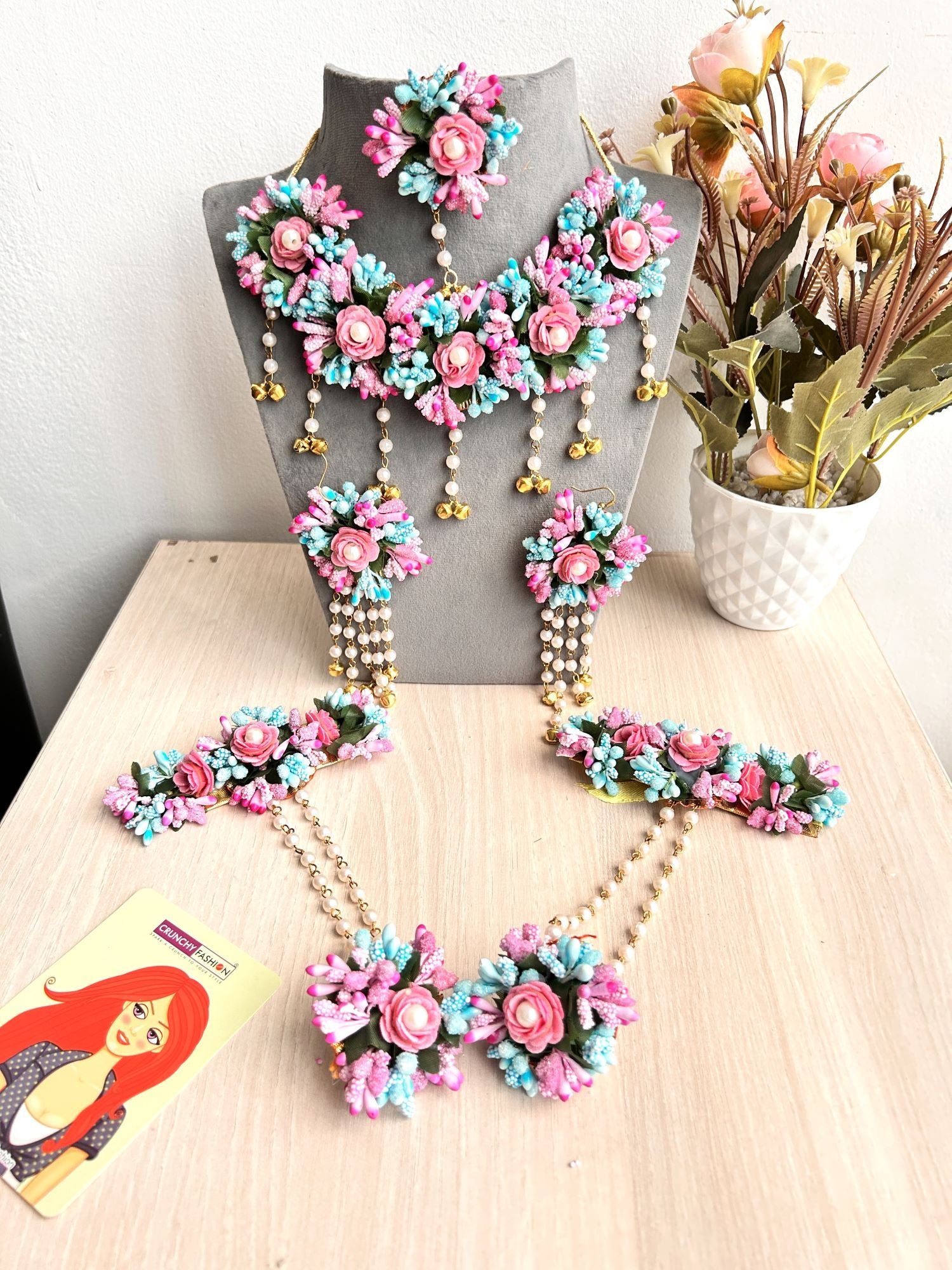 Baby Pink-Sky Blue Floral Jewellery Set for Haldi, Mehndi, Baby Shower