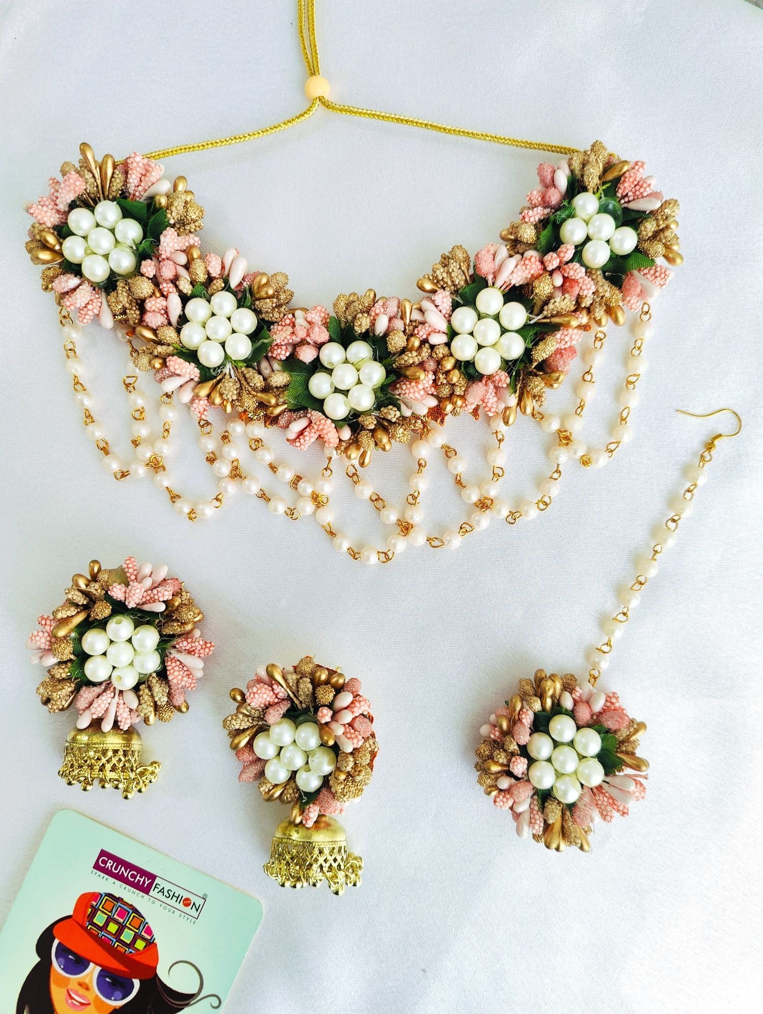 Peach and white floral jewellery set, perfect for haldi and mehndi