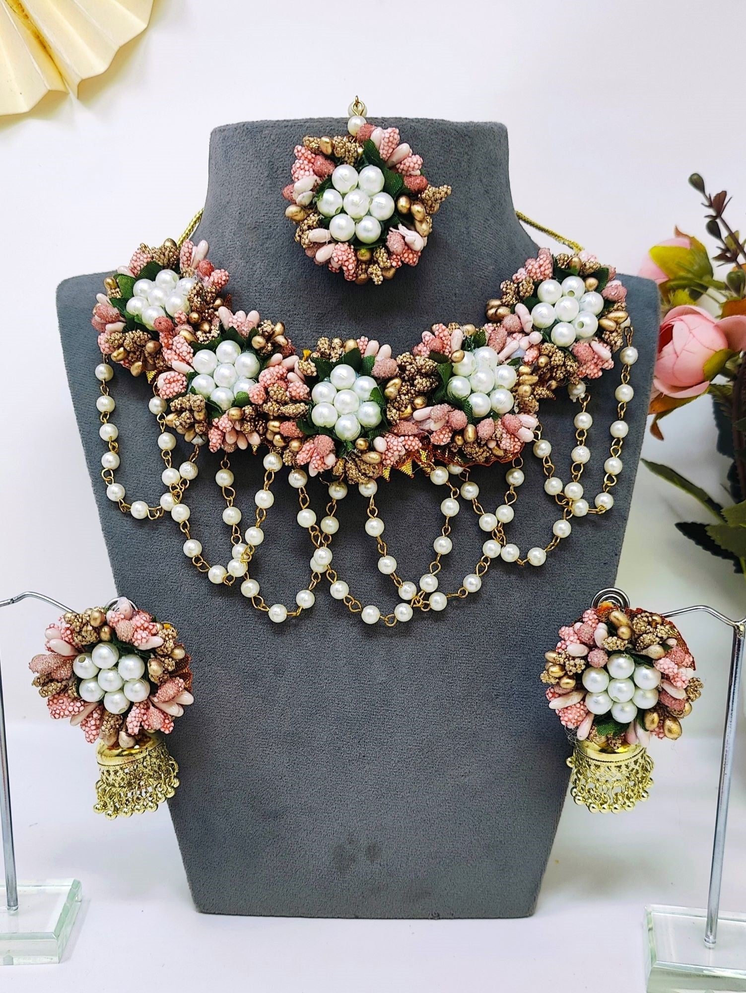 Peach Blossom Handmade Artificial Floral Jewellery Set for Haldi-Mehndi, Baby Shower