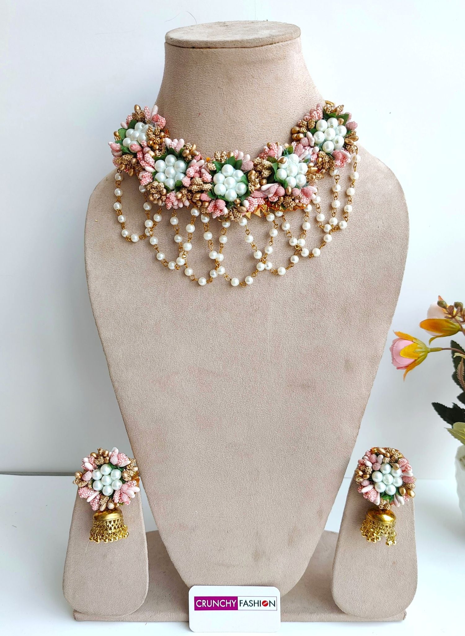 Peach Blossom Handmade Artificial Floral Jewellery Set for Haldi-Mehndi, Baby Shower