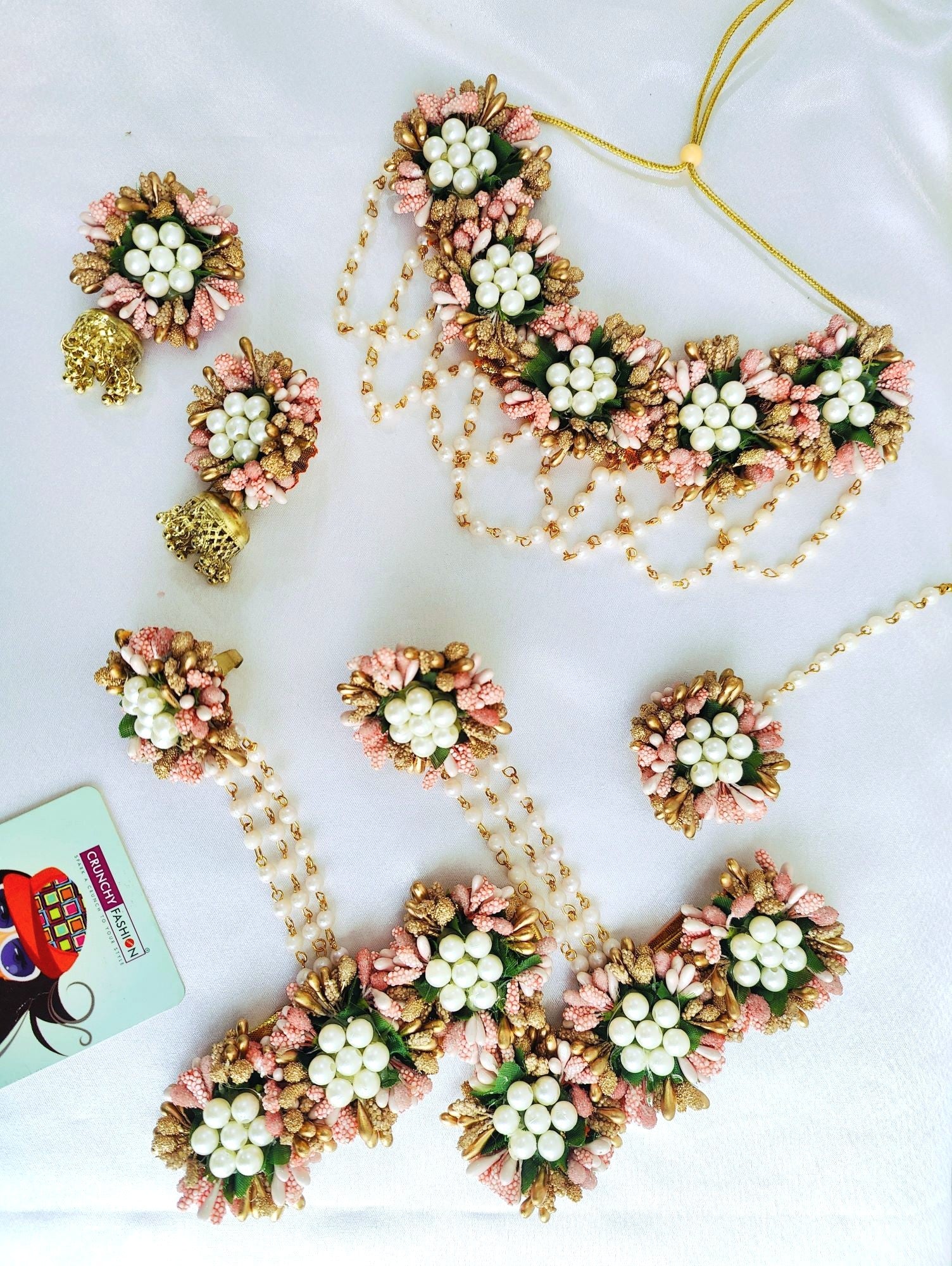 Peach Blossom Handmade Artificial Floral Jewellery Set for Haldi-Mehndi, Baby Shower