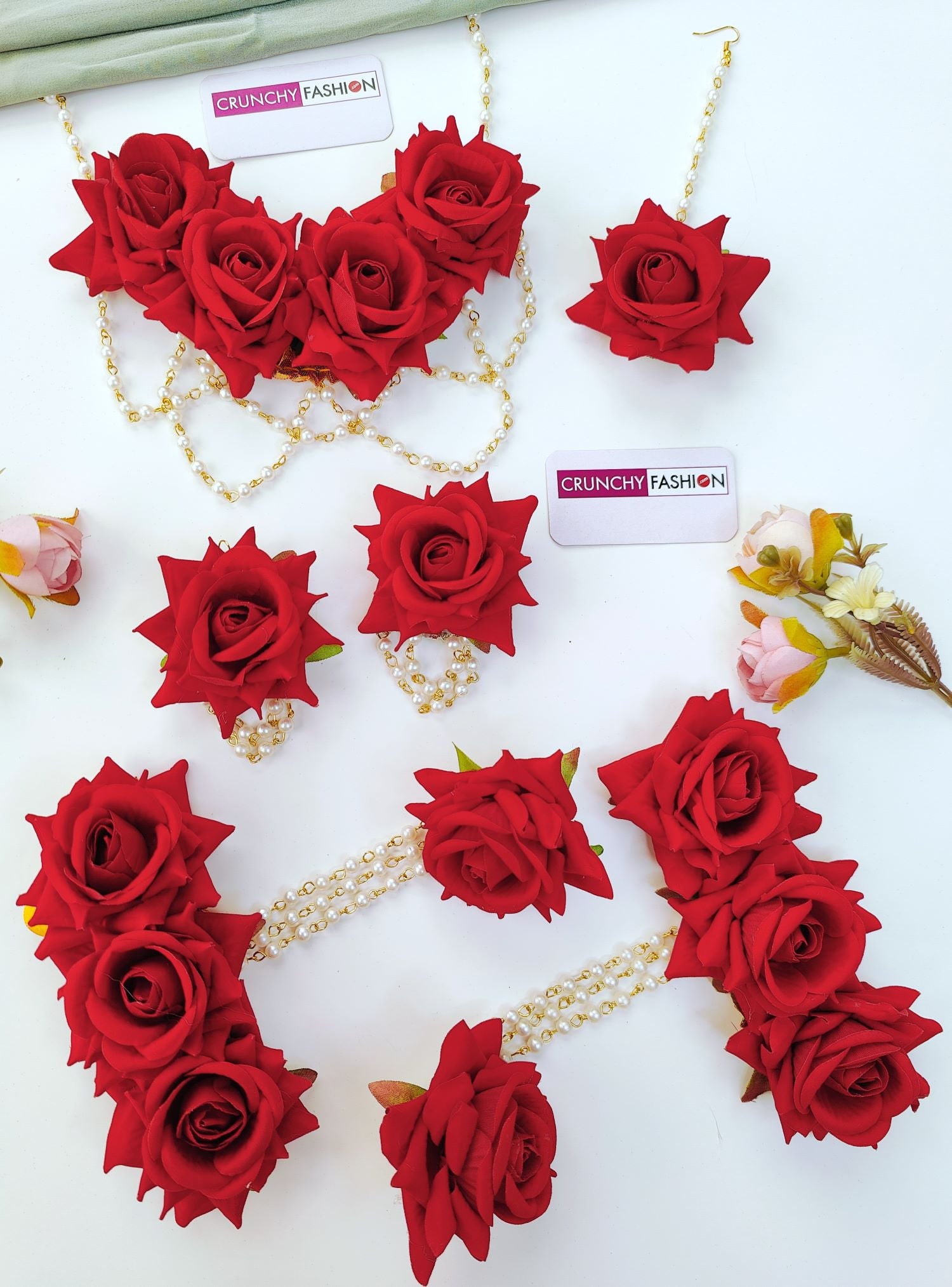 Elegant Bridal Red Rose Floral Jewellery Set for Haldi, Mehndi