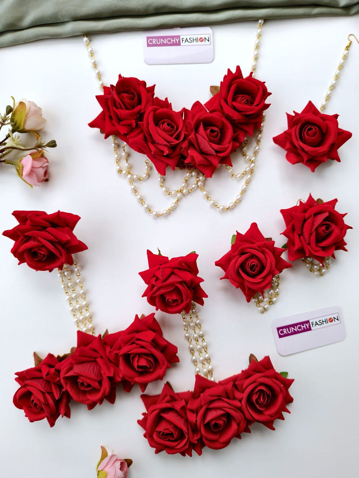 Elegant Bridal Red Rose Floral Jewellery Set for Haldi, Mehndi