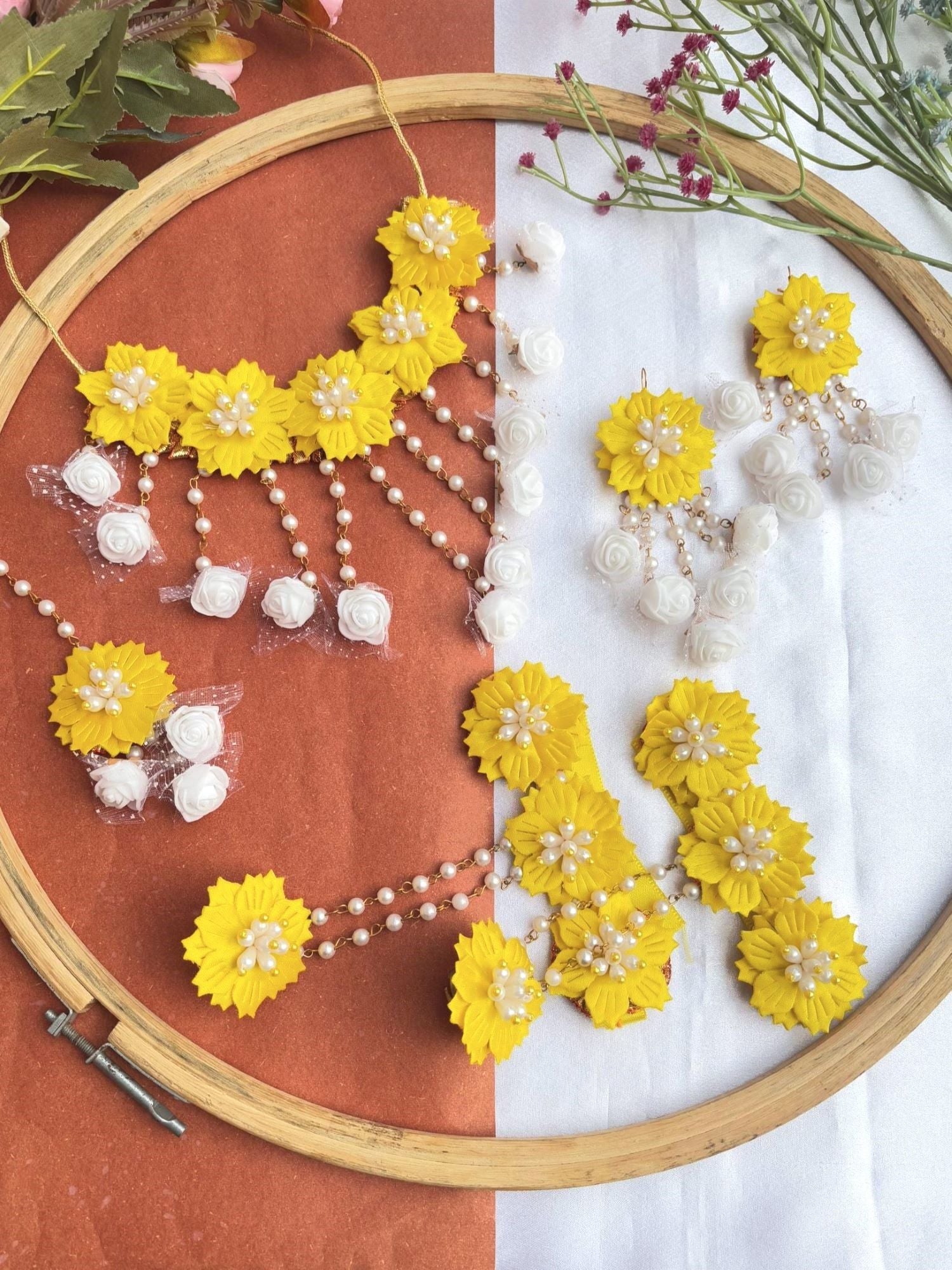 Ethnic multicolor floral jewelry set in yellow and white beads, ideal for haldi and mehndi ceremonies