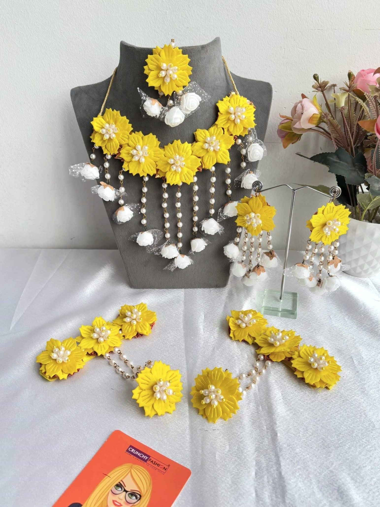 Ethnic multicolor floral jewelry set in yellow and white beads, ideal for haldi and mehndi ceremonies