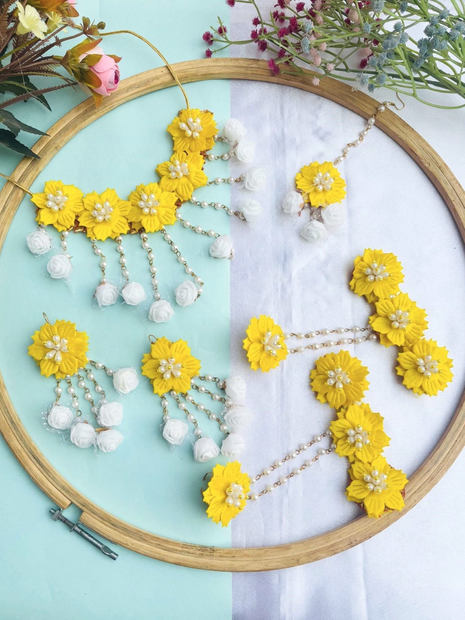 Ethnic multicolor floral jewelry set in yellow and white beads, ideal for haldi and mehndi ceremonies