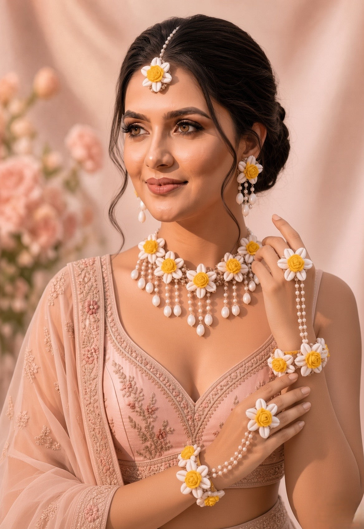 Yellow Floral Cowrie Sea shell Jewellery Set for haldi, Mehndi